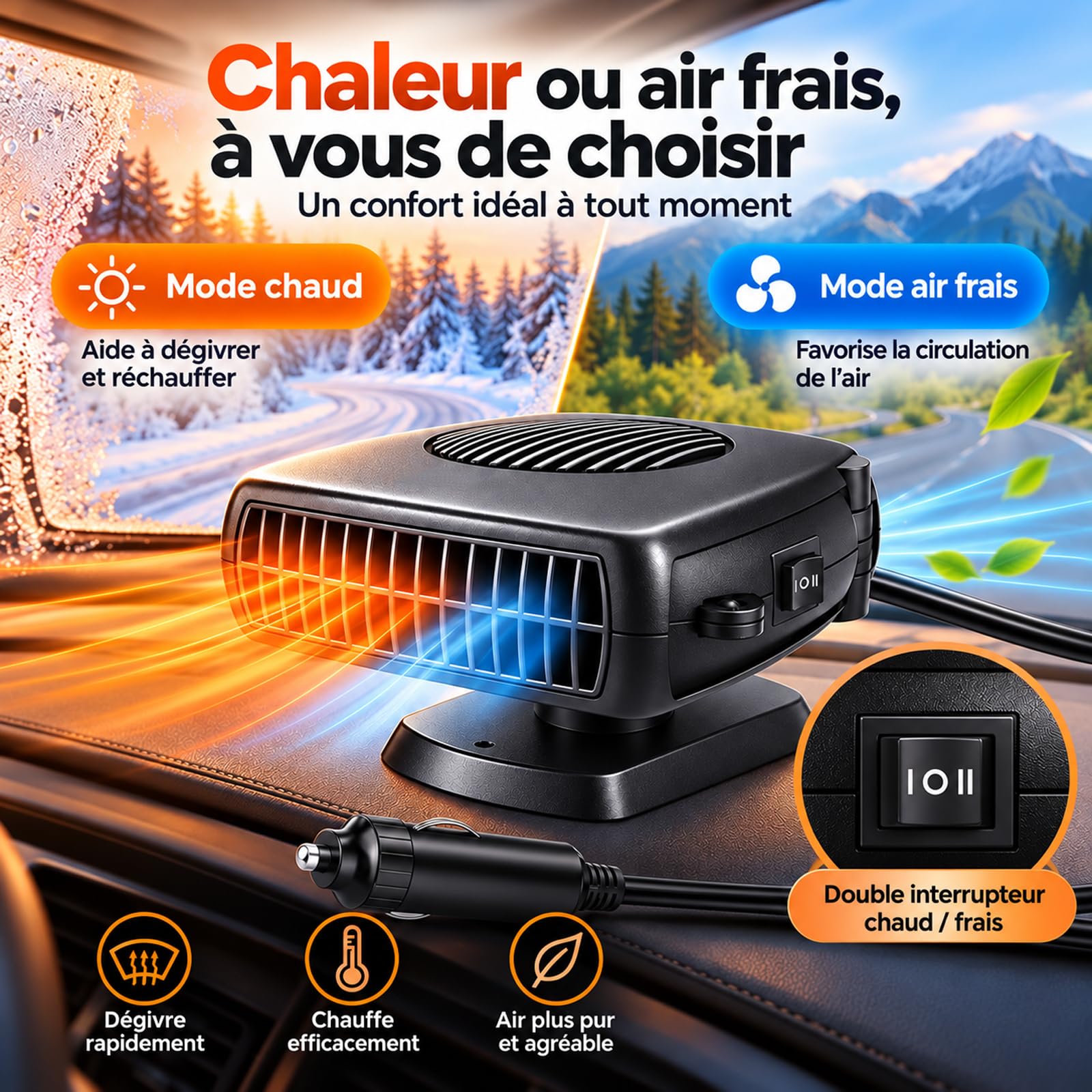 Chauffage de Voiture 12V 200W Desembueur Pare-Brise Portable avec Poignee Pliable et Socle Rotatif 360 Degres