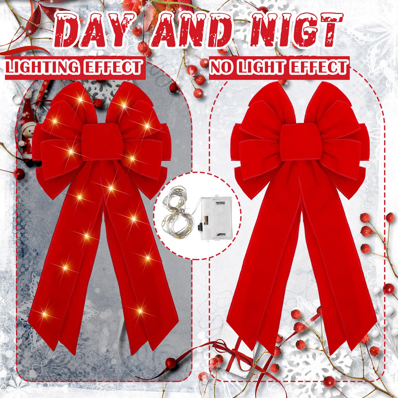 Giegxin Lot de 2 nœuds de couronne de Noël à DEL en toile de jute pour couronne de Noël, décoration murale intérieure et extérieure, 45,7 x 25,4 cm (rouge uni)