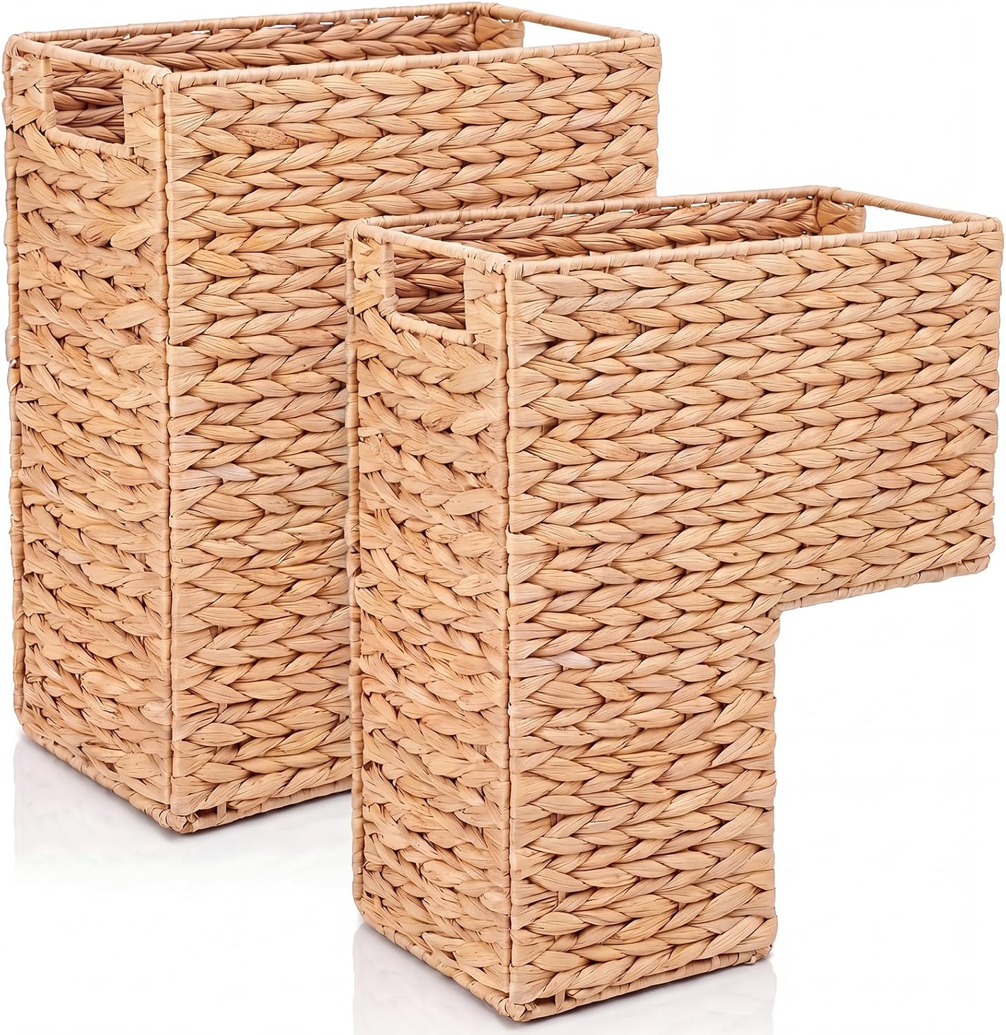 Cinnvoice 2 Pack Stair Storage Baskets 15'' Water Hyacinth Carpeted Wooden Step Bins with Handles for Toys Books Staircase Storage Home Organization