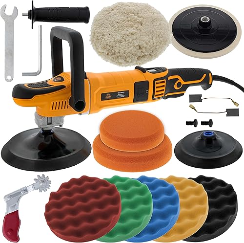 Dura-Gold Lijadora de pulidora giratoria profesional de 7 pulgadas con kit de 8 almohadillas de pulido y pulido, control LED de velocidad variable