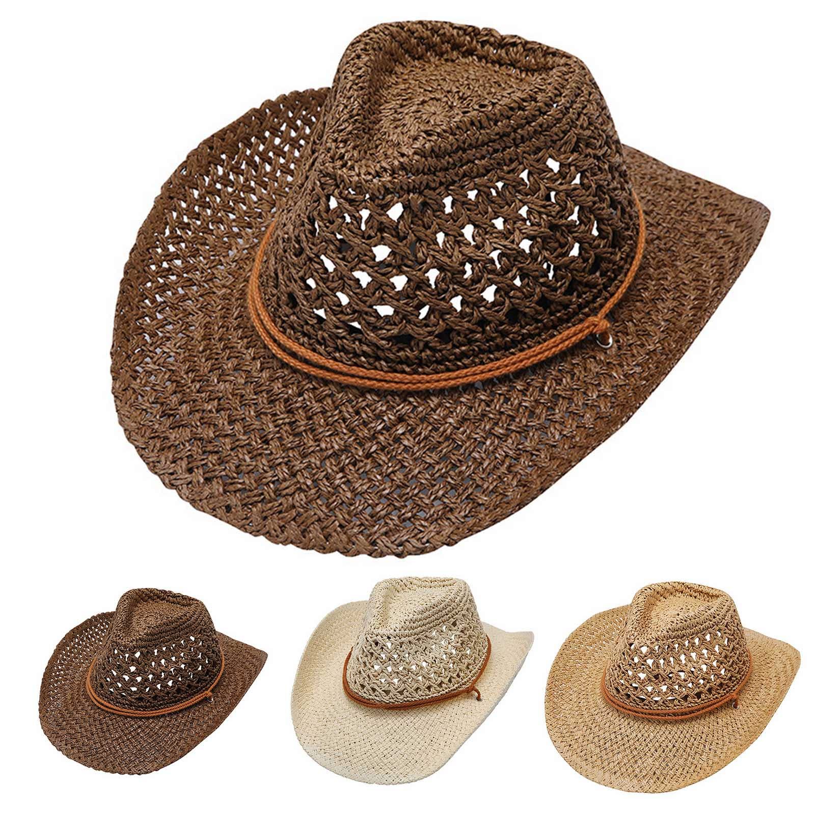 Straw Cowboy Hat for Women Men, Wide Brim Western Sun Hat Shapeable, Cowgirl Fancy Dress Party Costume Accessory for Beach Country Music Festival Outdoor Summer