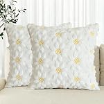 AVOIN colorlife Spring Crème d'été blanc de tournesol Couvres d'oreiller à lancer 2, 18 x 18 Inch Saisonnier Farmhouse Decor Yellow Flower Heart Soft Plush Faux Fur Jacquard Coussin Case pour Sofa Home