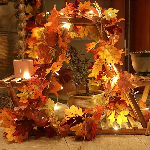 Miniatura 7 de KASZOO Paquete de 2 guirnaldas de arce de otoño con 40 luces LED, guirnalda artificial de follaje de otoño de 5.8 pies/pieza, decoración de otoño