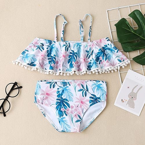 Miniatura 5 de Traje de baño para niñas pequeñas de verano estampado de hojas de flores estilo de vacaciones traje de baño de dos piezas azul 3-4 años