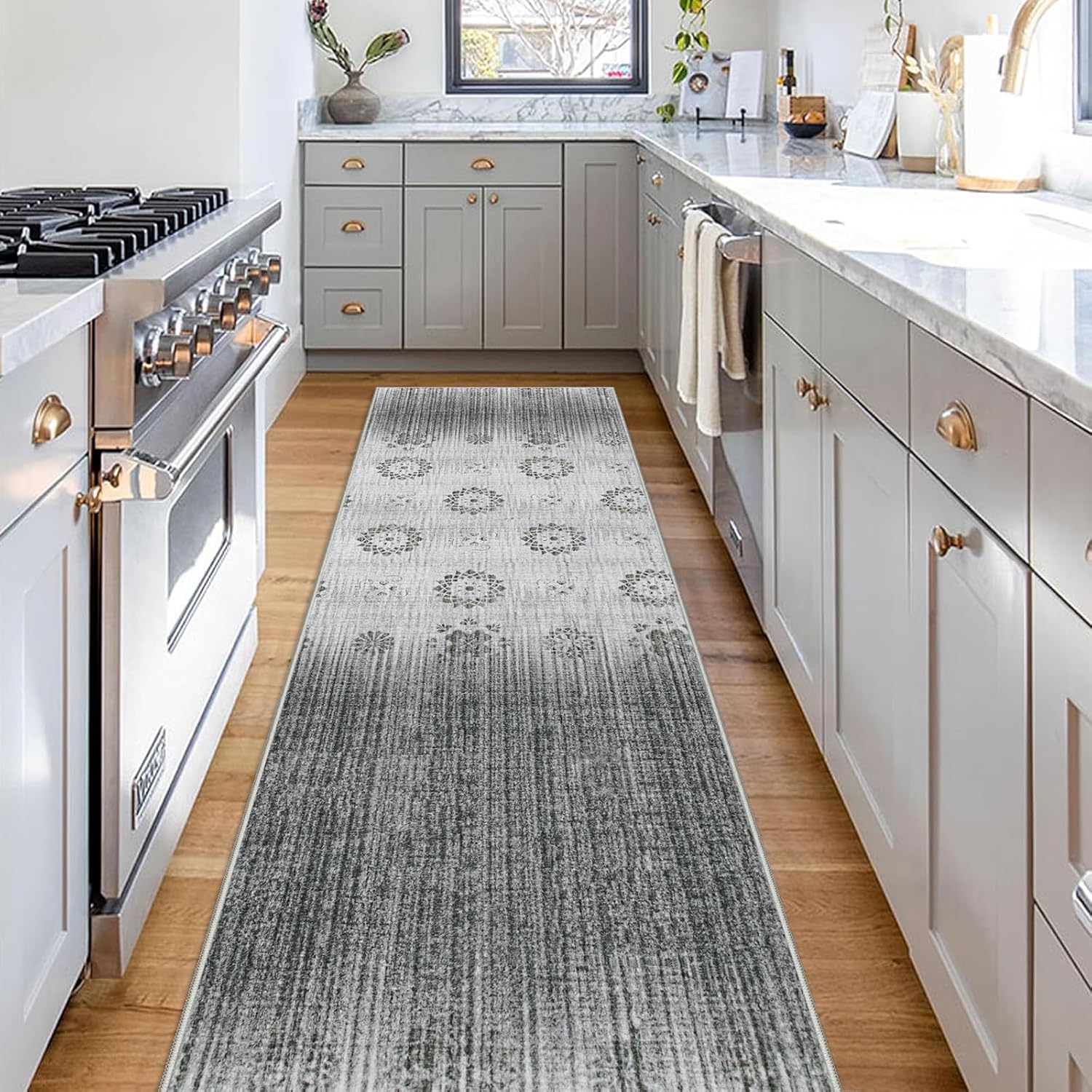 Lahome Ombre Hallway Runner Rug 2.5'x10', Non Slip Rug Runner Ultra-Thin Kitchen Runner Rugs Non Skid Washable 10 ft, Vintage Print Throw Grey Runner for Stair Entryway Bedroom