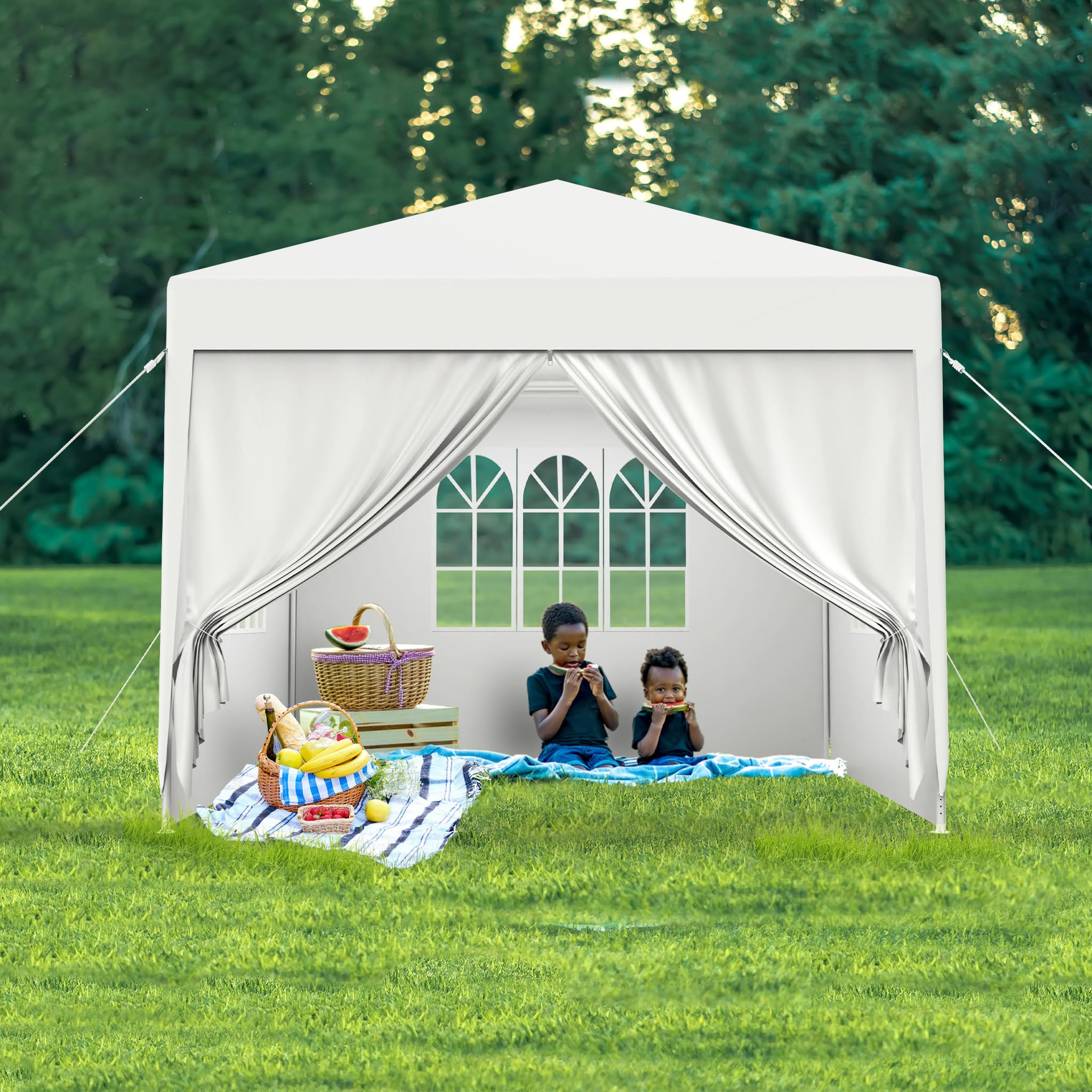 FIVMEN Carpa 3x3m Carpa para Fiestas con Paneles Laterales y Ventanas Pabellón de Jardín Cenador de Poliéster Protección UV Impermeable Gazebo Exterior, Blanco