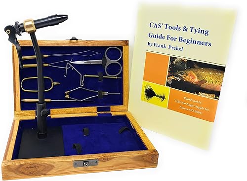Colorado Anglers - Kit de herramientas estándar para atar moscas con caja y libro de madera, tornillo de banco giratorio, bobina, tijeras, acabado