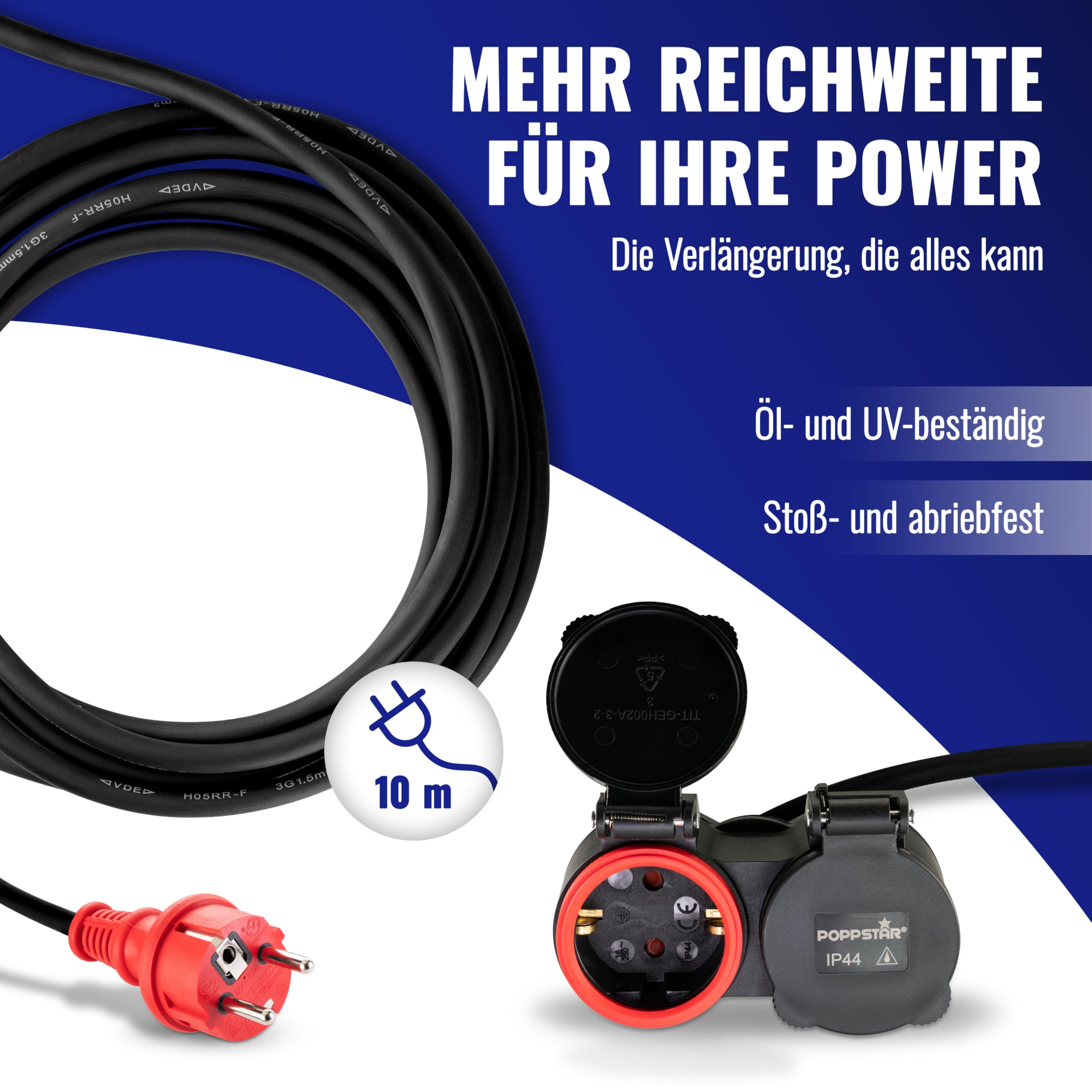 Poppstar Verlängerungskabel Outdoor 10m (Schuko Doppelsteckdose 2-Fach, IP44, 16A/3680W, H05RR-F 3G1.5), schwarz/rot