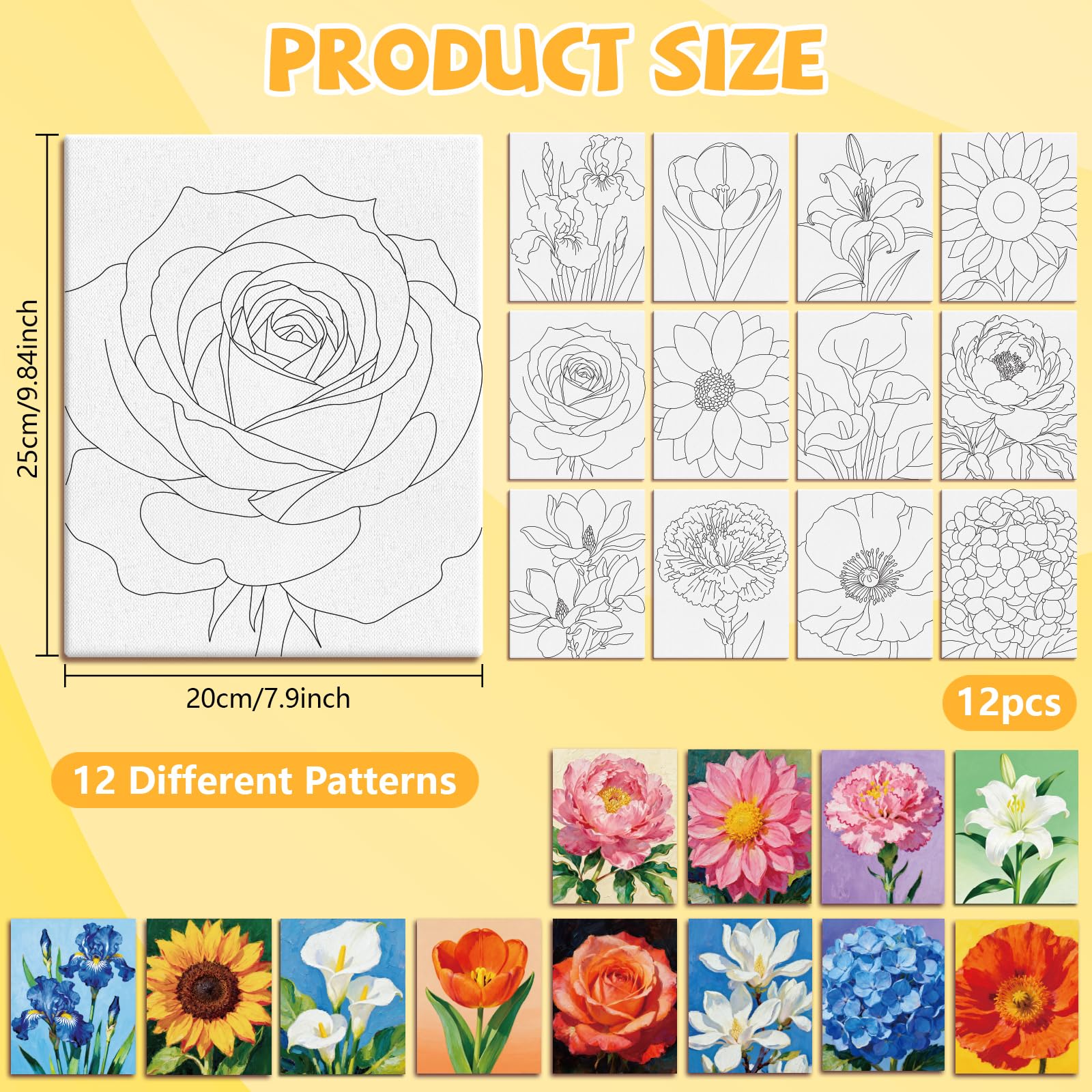 MAYJOYDIY 12 stuks voorgetekend canvas om mooie bloem te schilderen, voorbedrukt canvas voor volwassenen, 25 × 20 cm, zonnebloemlelie, doe-het-zelf verfkunstbenodigdheden voor beginners, studenten