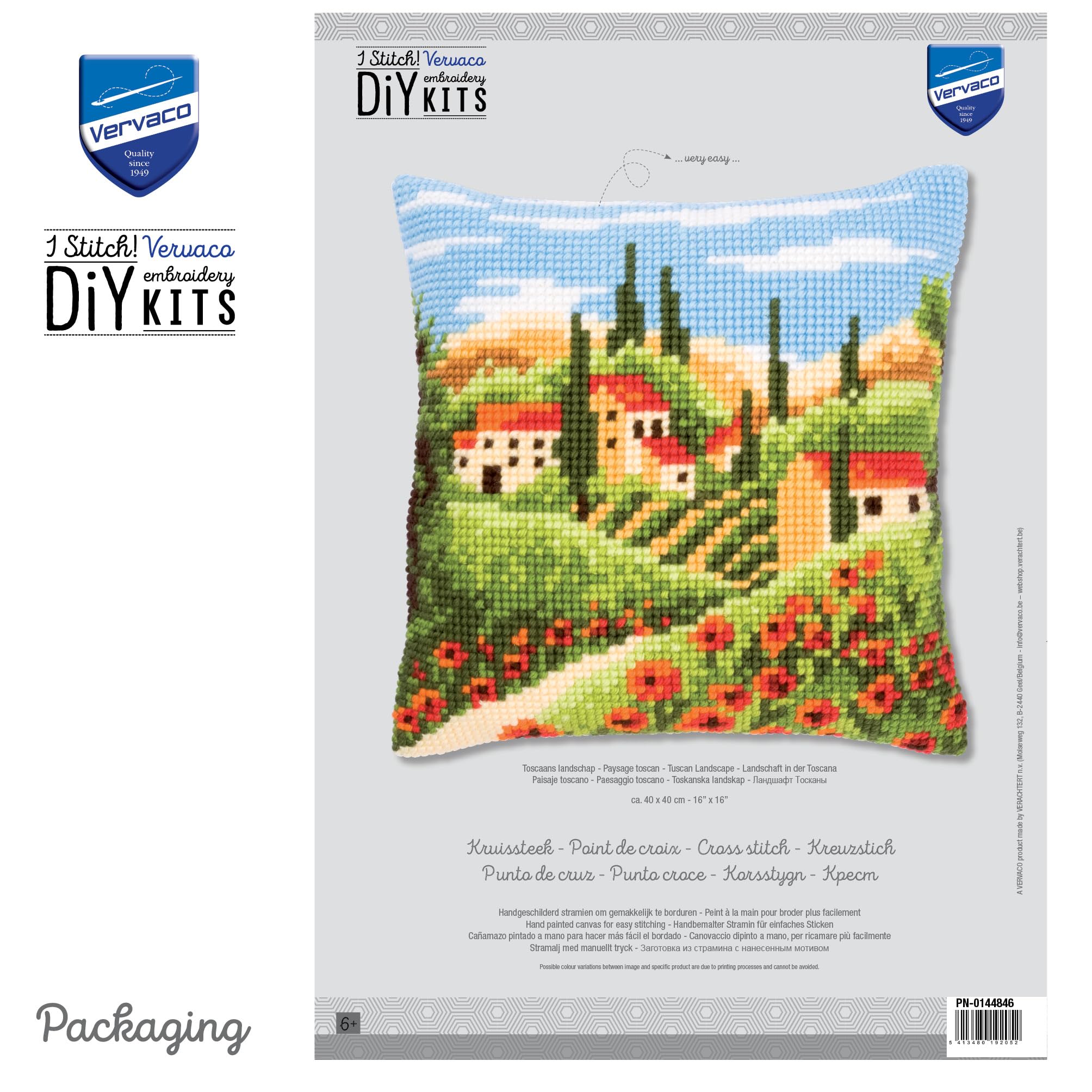 VERVACO Kreuzstich Stickpackungen Kissen Stickerei Set Anfänger Vorgedruckt Landschaft i.d. Toskana DIY Set Kreativ Set Für Erwachseneca. 40 x 40 cm Bastelset Handwerker Haus Dekoration