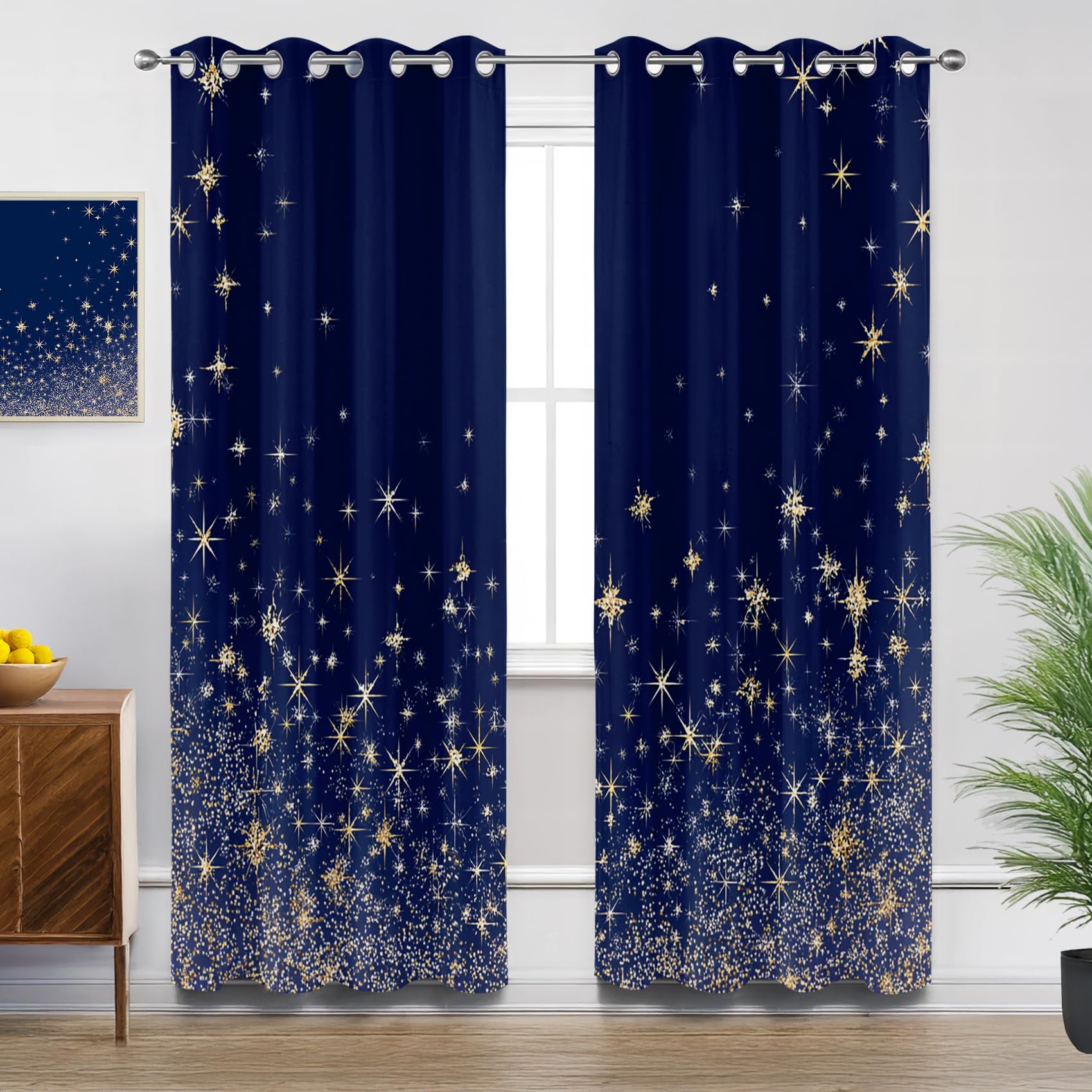 Mistela Blau Verdunklungsvorhänge - Gardinen Blau Gold Luxus Blickdicht Vorhang mit Ösen Verdunklungsvorhänge für Kinderzimmer Wohnzimmer Schlafzimmer Dekoration - 2er Set - H220 x B140cm
