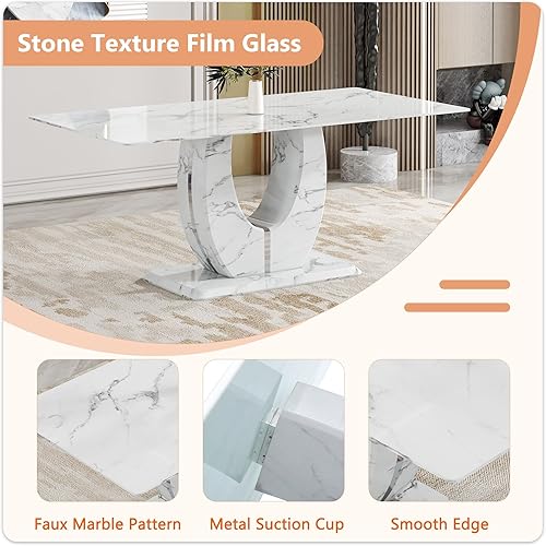 Miniatura 5 de Juego de mesa de comedor de mármol sintético para 6.71 pulgadas, juego de mesa de comedor moderno para 6 personas con mesa de vidrio y pedestal en 6