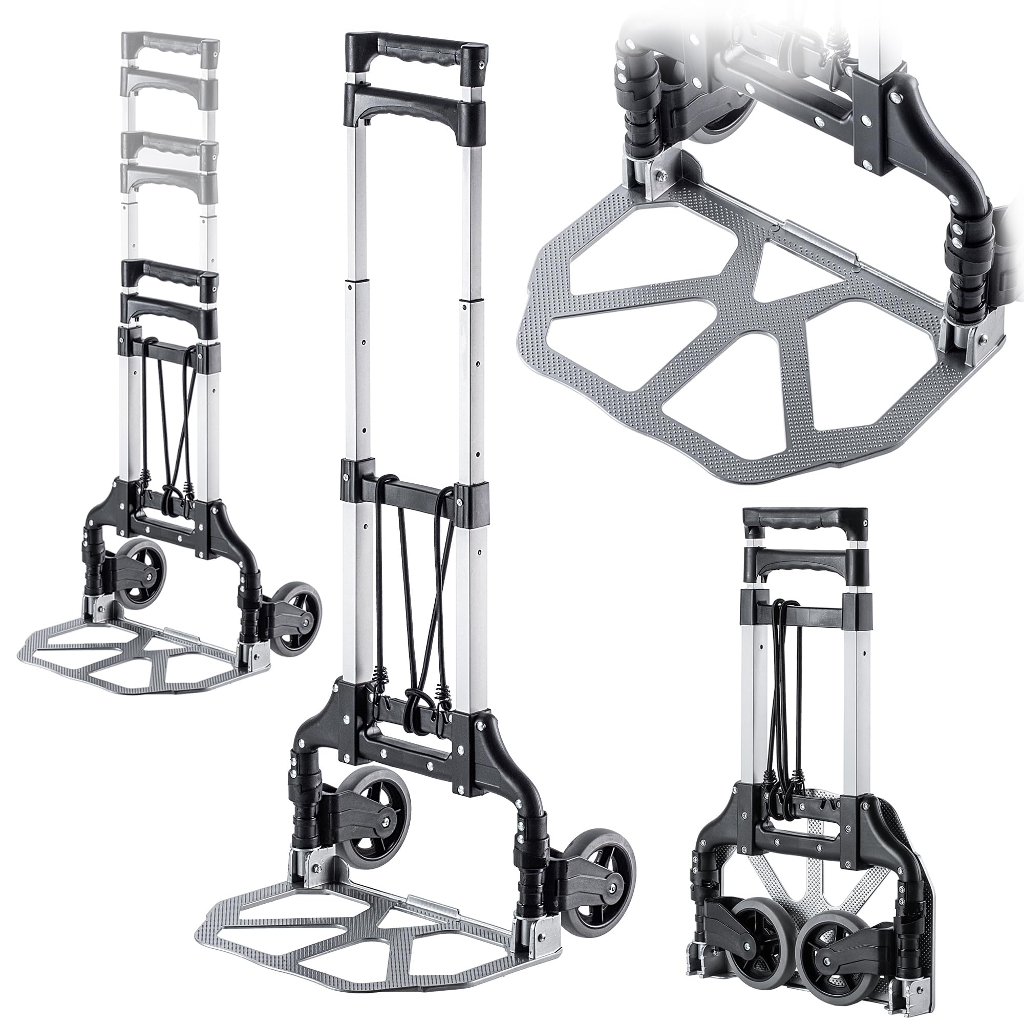 KADAX Carretilla de transporte plegable de aluminio con mango telescópico (100 cm), carro de mano con superficie de carga antideslizante y ruedas de marcha suave – Carretilla compacta para el hogar