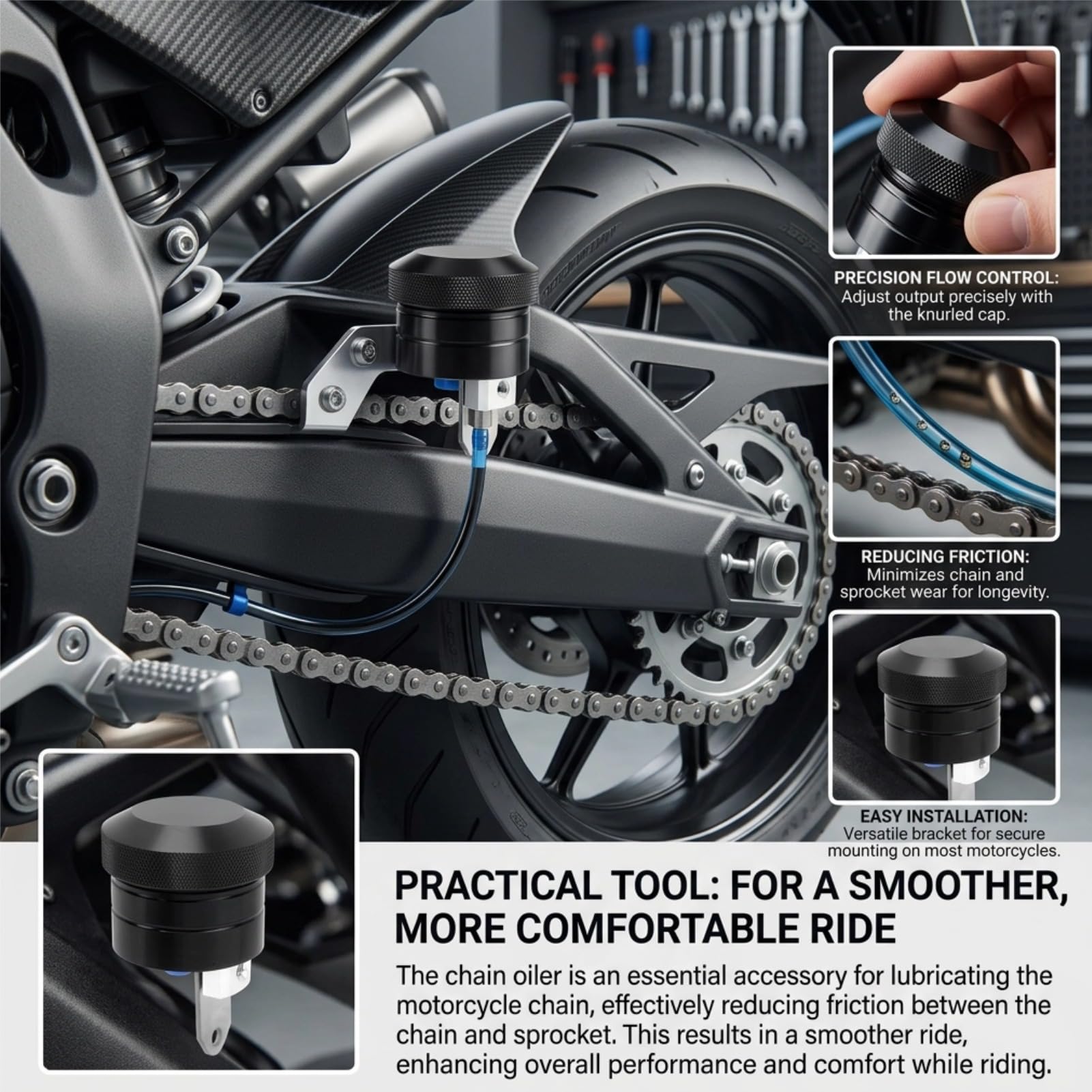 Motorradkettenöl -Ölsystem, Einfach zu Installierende Kettenschmiermittel mit Klammern, Verlängerte Halterung Universal Motorcycle Oiler, für Fahrt (Schwarz)