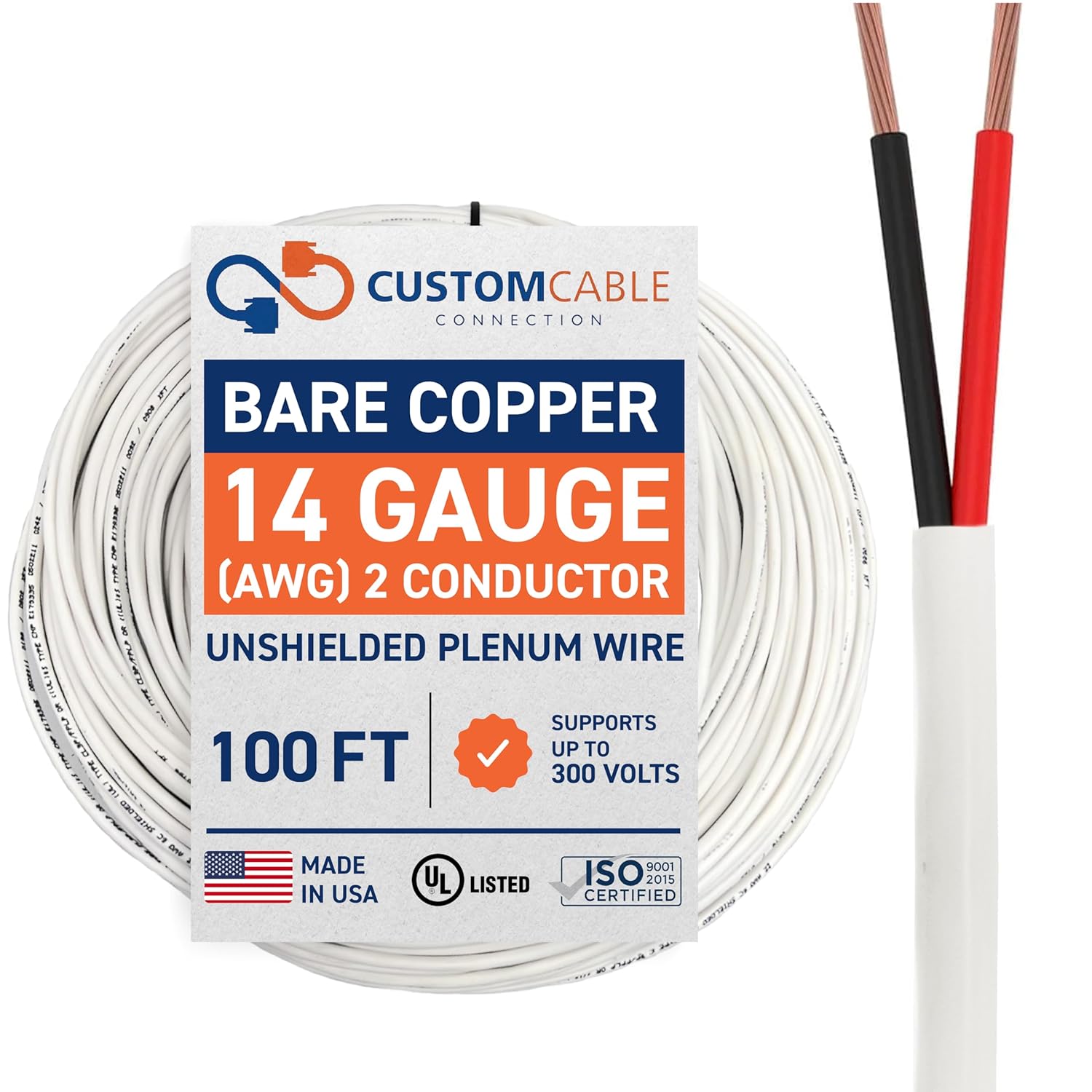 14 Gauge Wire (14 AWG) – 2 Conductor Stranded Copper Unshielded Cable – 14/2 Home Electrical Wire – Low Voltage Up to 300V – CMP/CL3P Low Smoke Plenum Jacket – USA Made (100ft - White)