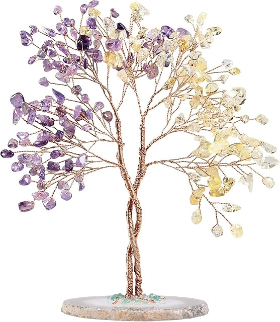 Amogeeli Handmade Copper Wire Crystal Tree with Agate Base, Fengshui Bonsai Money Tree Decor for Home Office