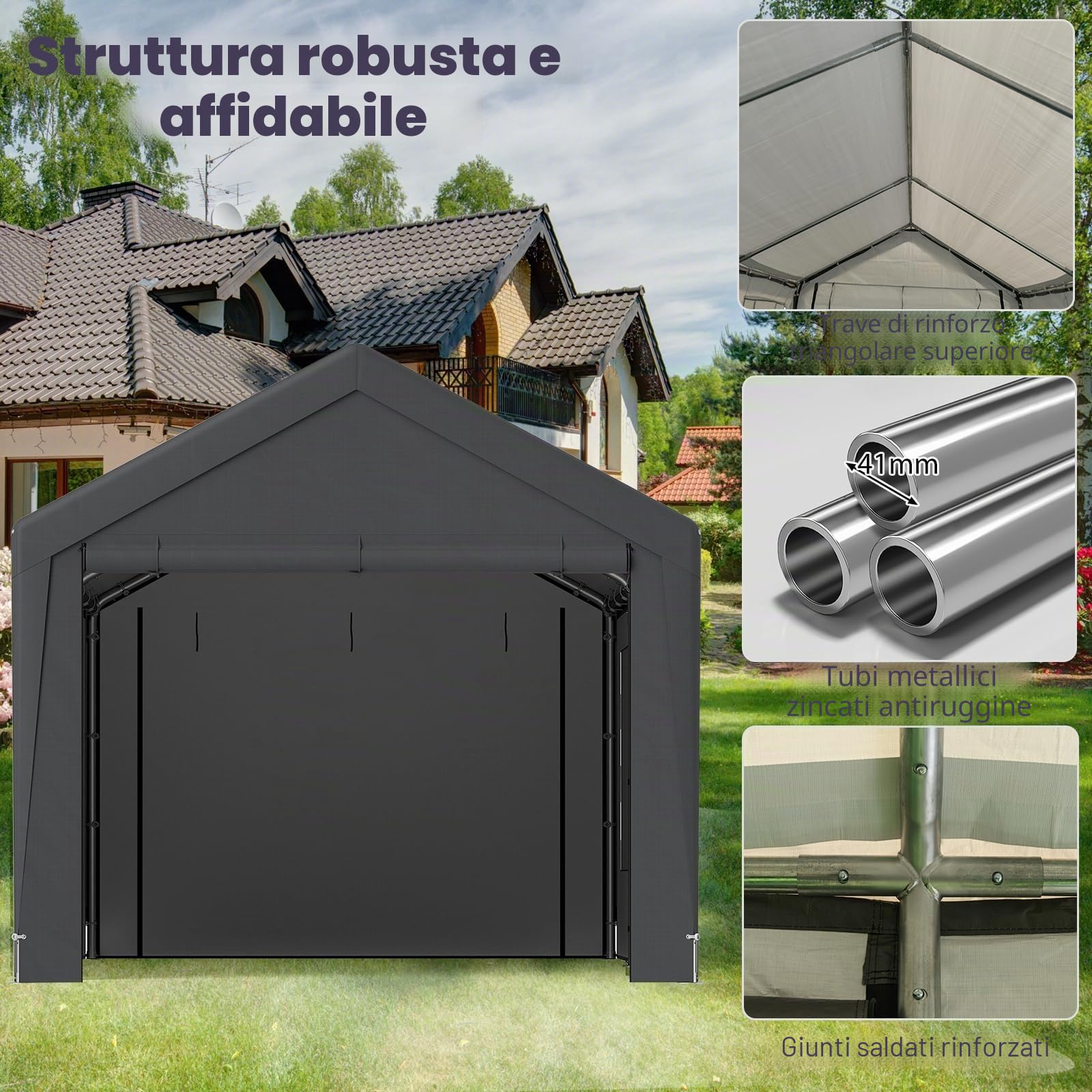 SOARS Tenda Garage Auto Esterno 300 X 595 X 280 CM, Tettoia per Auto con Telaio in Metallo e Copertura in PE Resistente alle Intemperie, Capanno da Giardino per Vehicolo, Biciclette, Moto, Attrezzi