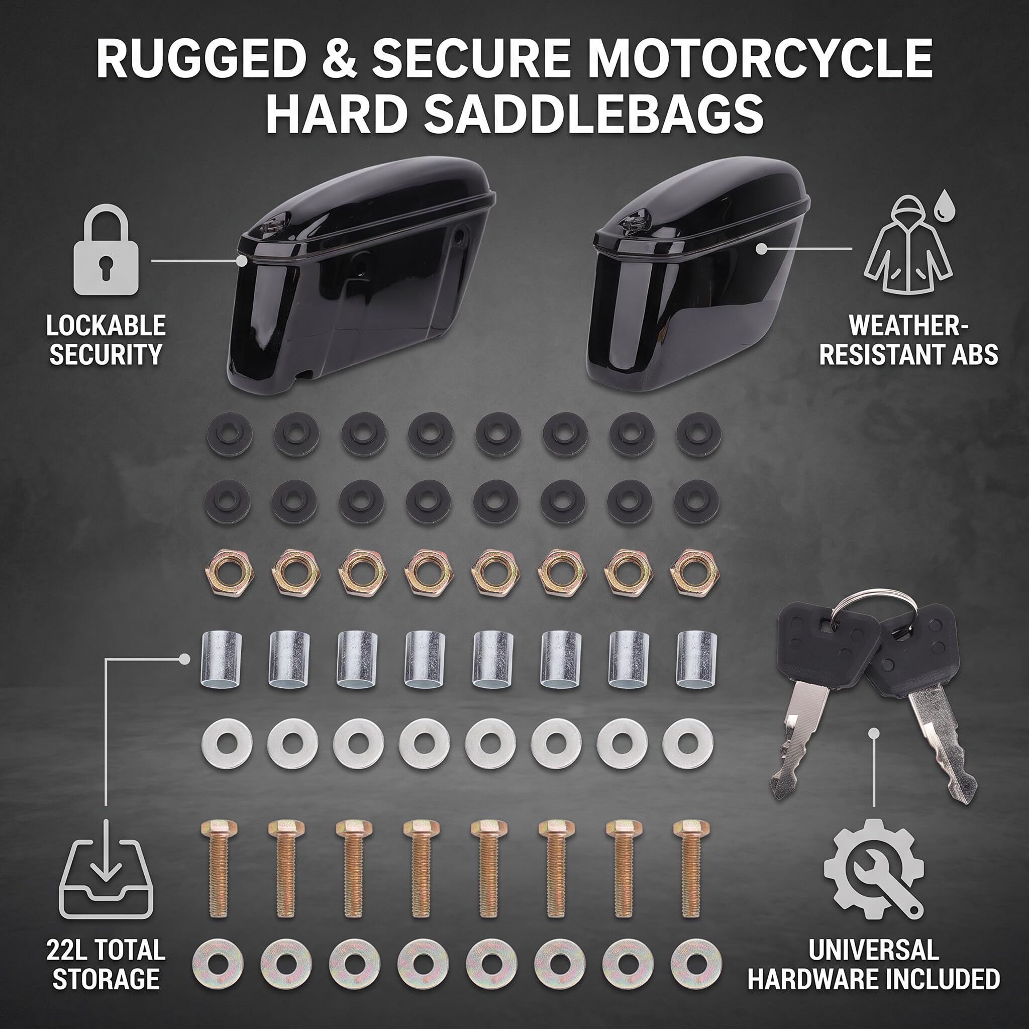 Zerodis Sacoches de Selle Rigides pour Moto de 22 L, Valise Latérale Verrouillable en Plastique ABS pour Croiseurs et Toureurs, Sacoches Rigides Résistantes aux Intempéries et Sécurisées