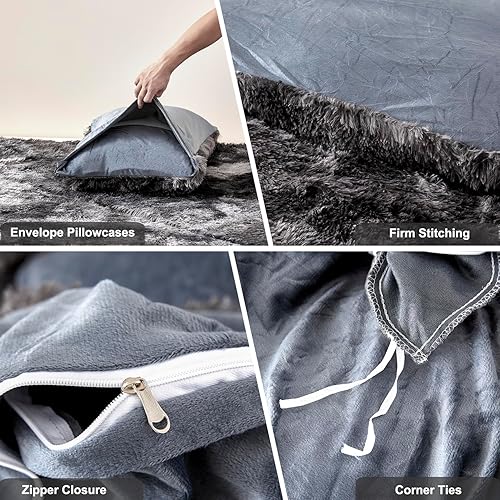 Miniatura 6 de SUCSES Juego de funda de edredón de felpa lanudo tamaño Queen, 3 piezas, color gris oscuro, pelo sintético, esponjoso, teñido anudado, juego de