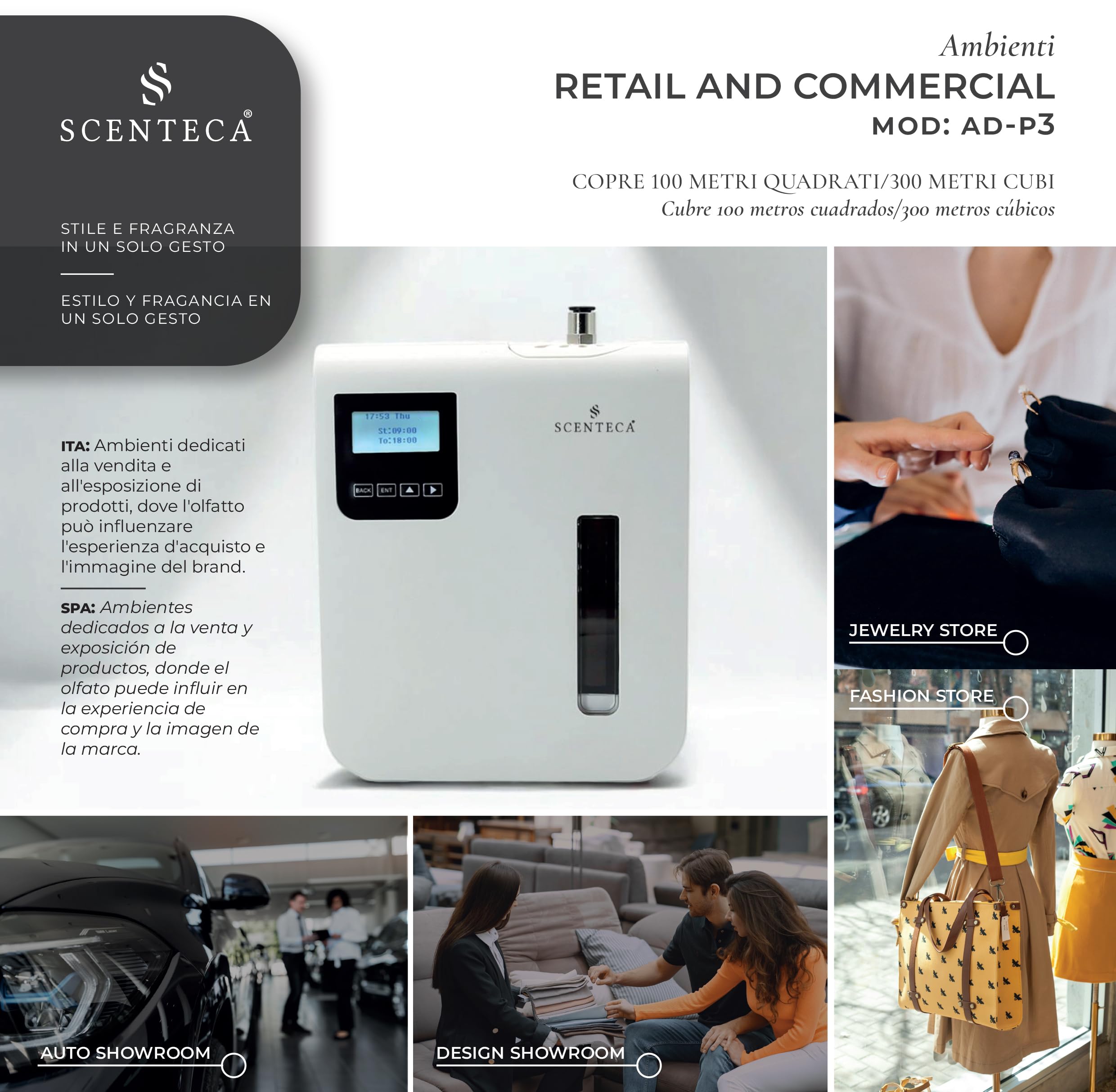 SCENTECA Difusor eléctrico de aceites esenciales Modelo AD-P3, con fragancia de Té Blanco y Flores de Primavera incluida, nebulización en frío, cobertura de hasta 100 m², para casa y oficina (100 ML)
