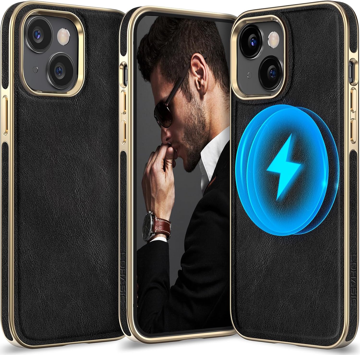 LOHASIC PU Leather Case for iPhone 14, Stronger Magnet Compatible with Mag-Safe, Fit for Mag Car Mount, Luxury Elegant Vintage Phone Cover for Men Women, 6.1 Inch, 5G, 2022 - Black Gold