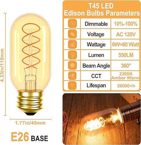Miniatura 2 de Bombillas LED E26 regulables E26 Vintage Edison 6 W equivalente a bombilla E26 de 60 vatios, paquete de 4 bombillas LED Edison cálidas tubulares de
