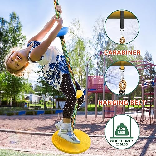 Miniatura 5 de Columpio de árbol para niños, juego de cuerda de escalada de asiento de un solo disco resistente con correa para colgar y mosquetones de plataforma