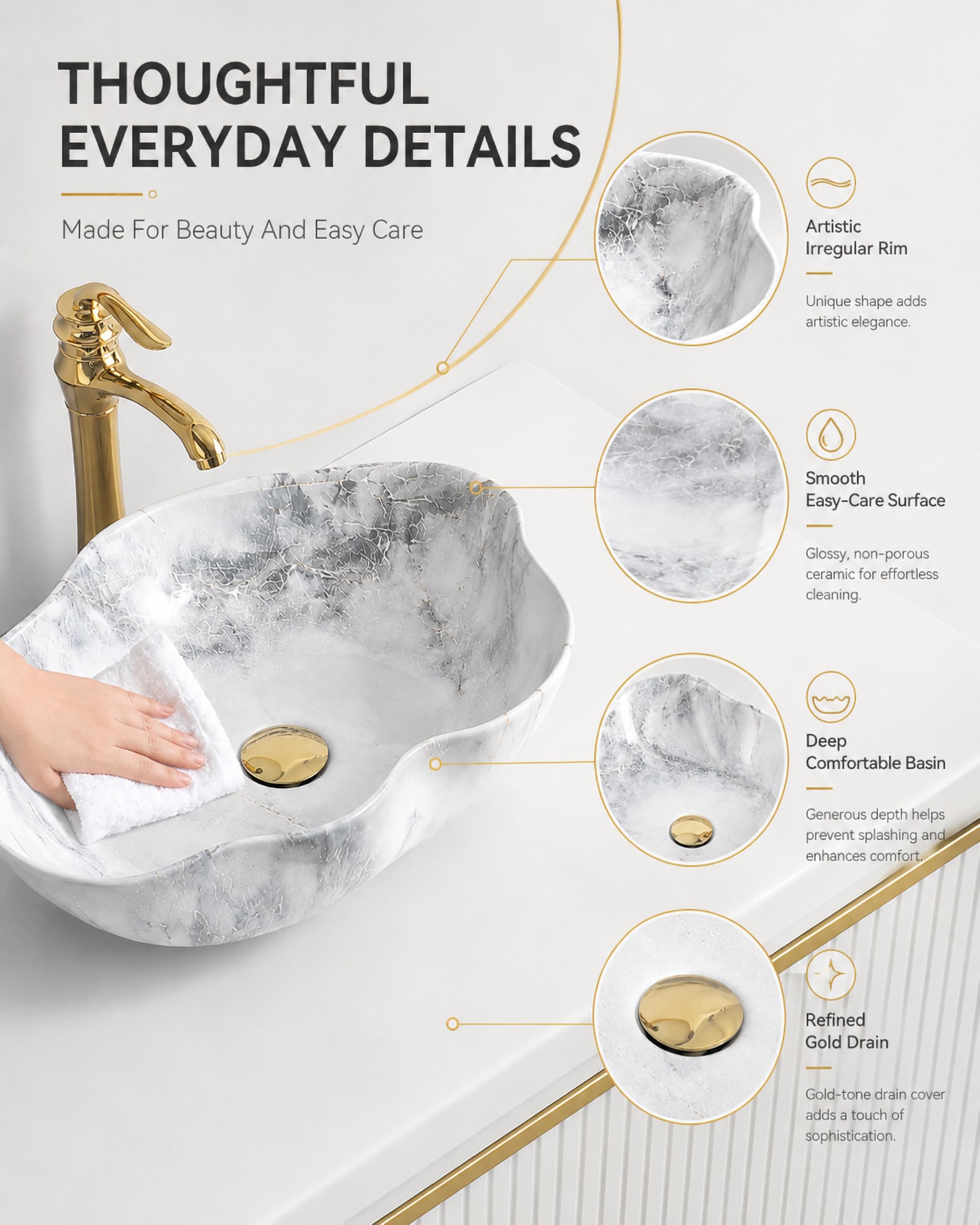 Lavabo da Appoggio in Stile Moderno con Rubinetti per Acqua Calda/Fredda E Scarico Lavandino di Forma Irregolare in Stile Artistico Piccolo Lavabo Appoggio Bianco 50Cm,F,50.5×37.5×14cm