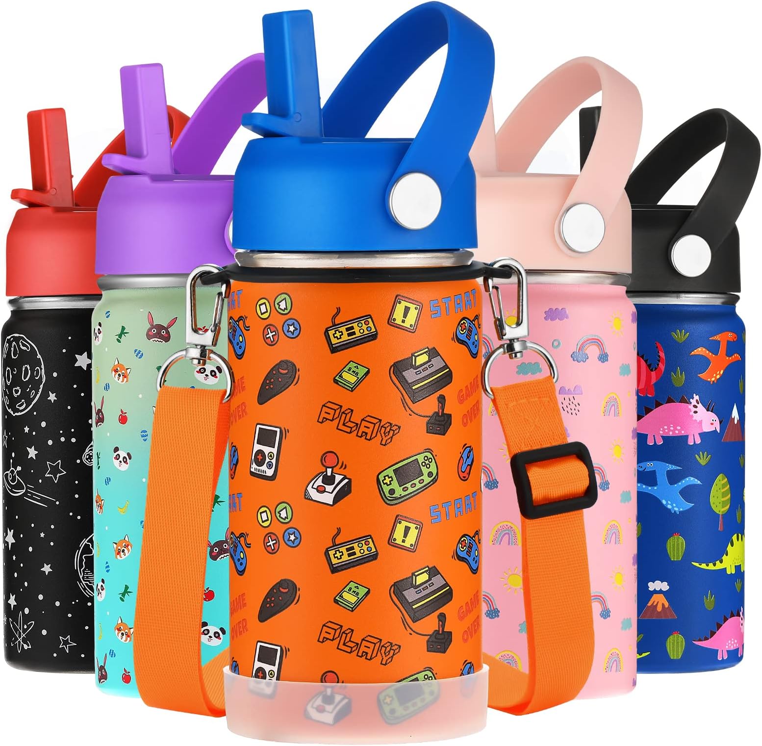 WEREWOLVES 14oz Kids Water Bottle with Straw Lid, Shoulder Strap and Boot - Insulated Stainless Steel, Reusable Leakproof Metal Water Bottles for School