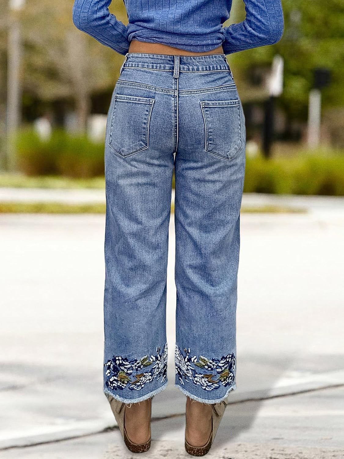 Flamingals Straight Leg Jeans for Women Low Rise Cropped Jeans Wash Embroidery Raw Hem Denim Pants