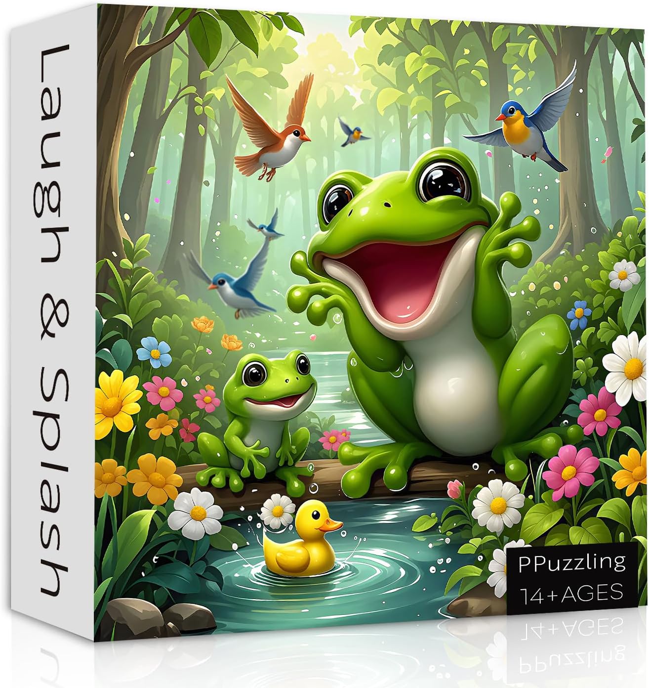 Cute Forest Frog Puzzles for Adults 1000 Pieces, Nature Animal Scene Jigsaw Puzzle with Birds, Flowers, Ducks, Challenging Colorful Theme Puzzle as Home Wall Art Decor