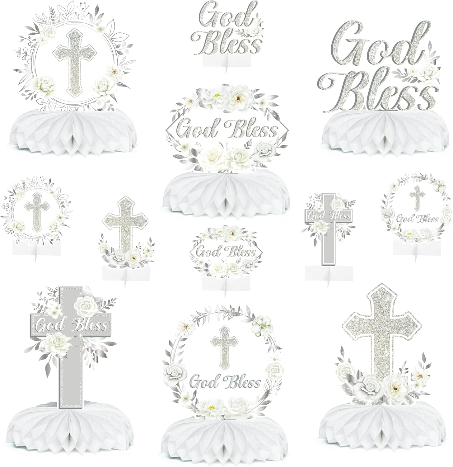 Watercolor Floral & Cross Honeycomb Bundle： 12Pcs Baptism & Baby Girl Nursery Decor
