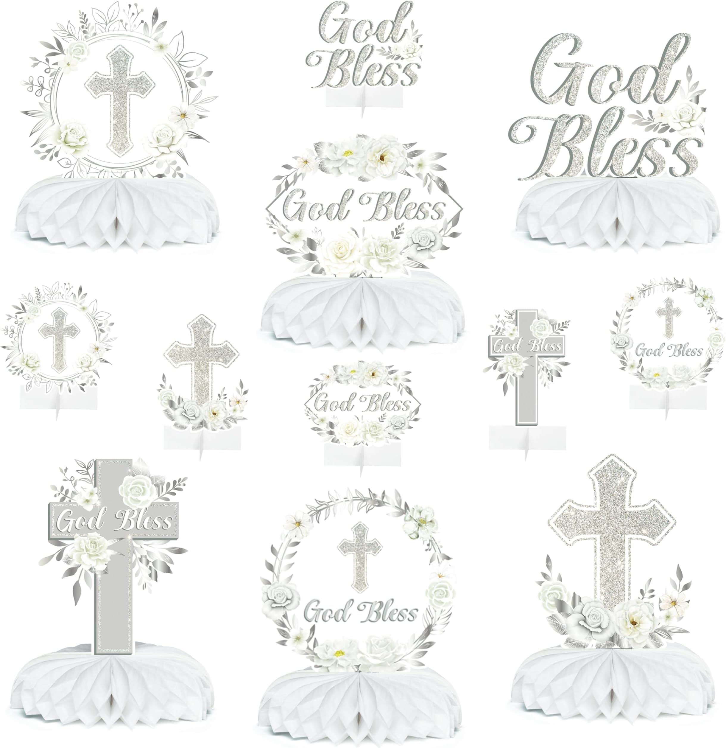 12Pcs White Sliver Floral God Bless Honeycomb Centerpieces