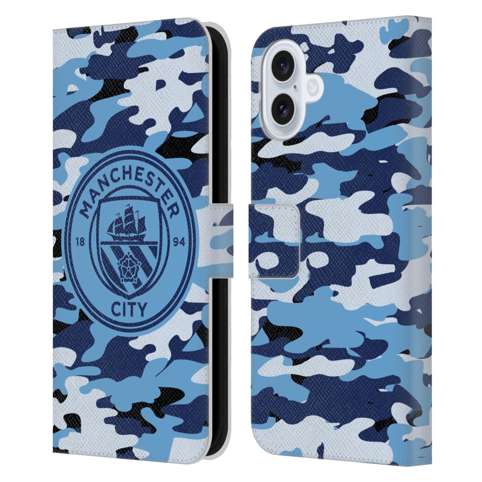 Head Case Designs Officially Licensed Manchester City Man City FC Blue Moon Mono Badge Camou Leather Wallet Case Compatible With Apple iPhone 16 Plus