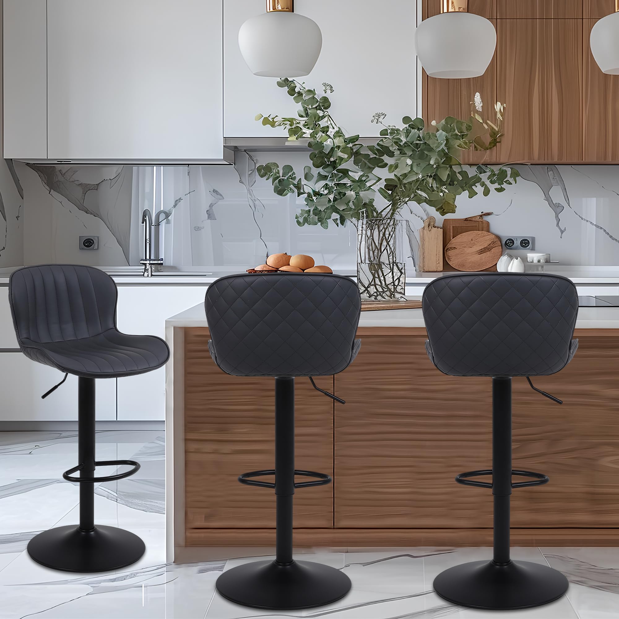 Barhocker × 1, Barstuhl Höhenverstellbar, Küchenstühle mit Rückenlehne und Fußstütze, 360°Drehbar, für Küche, Wohnzimmer und Esszimmer, Schwarz