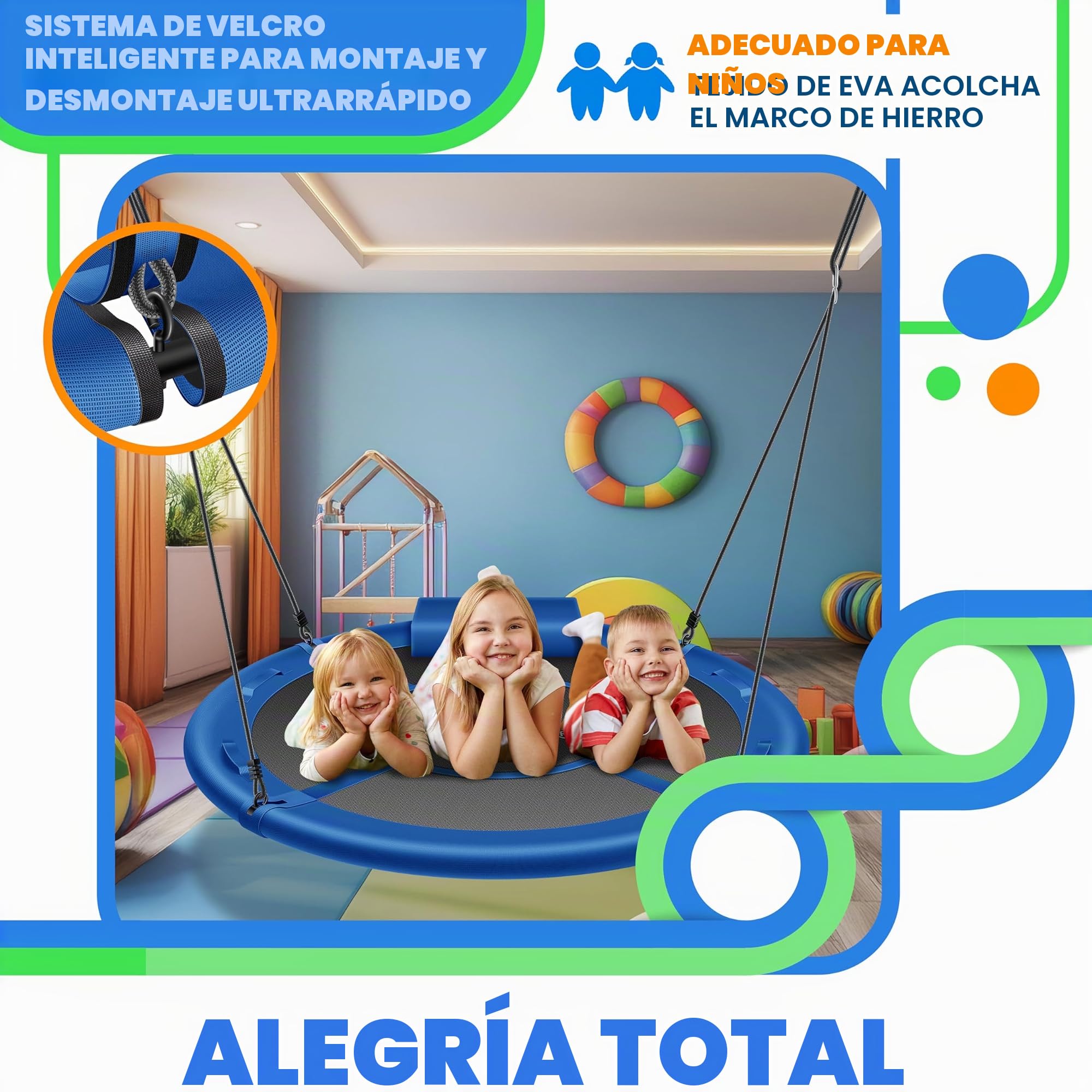 KESSER® Columpio nido de pájaro, diámetro 100 cm, carga máxima 300 kg, con cojín y 4 asas ajustables, para niños y adultos, color azul