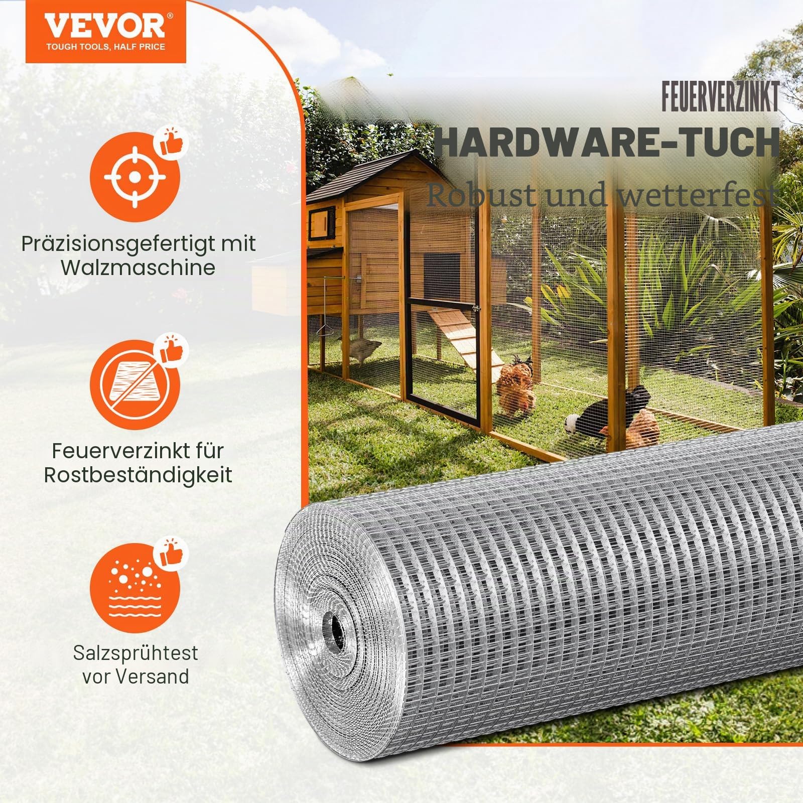 VEVOR Drahtgeflecht, 122cm x 15 m, Volierendraht Verzinkt, 0,9mm Drahtstärke Drahtgitter 12,7x12,7mm Maschendrahtrolle, Maschendrahtzaun, Maschendraht für Kaninchenkäfige, Garten, kleine Nagetiere