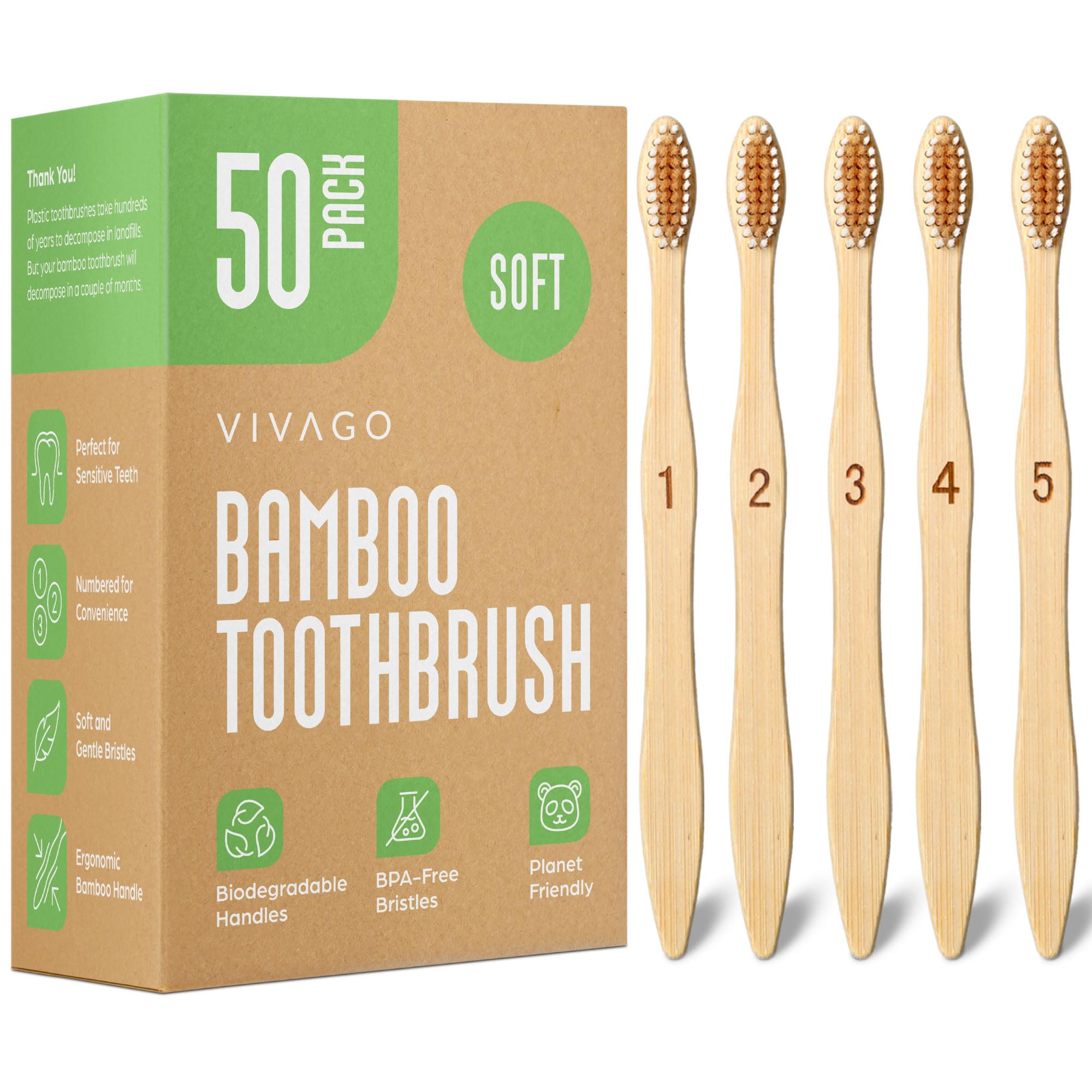 VIVAGO Paquete de 50 cepillos de dientes de bambú – Cepillos de dientes de cerdas suaves para adultos | Cepillo de dientes natural, ecológico, cepillo de dientes de madera, sin BPA