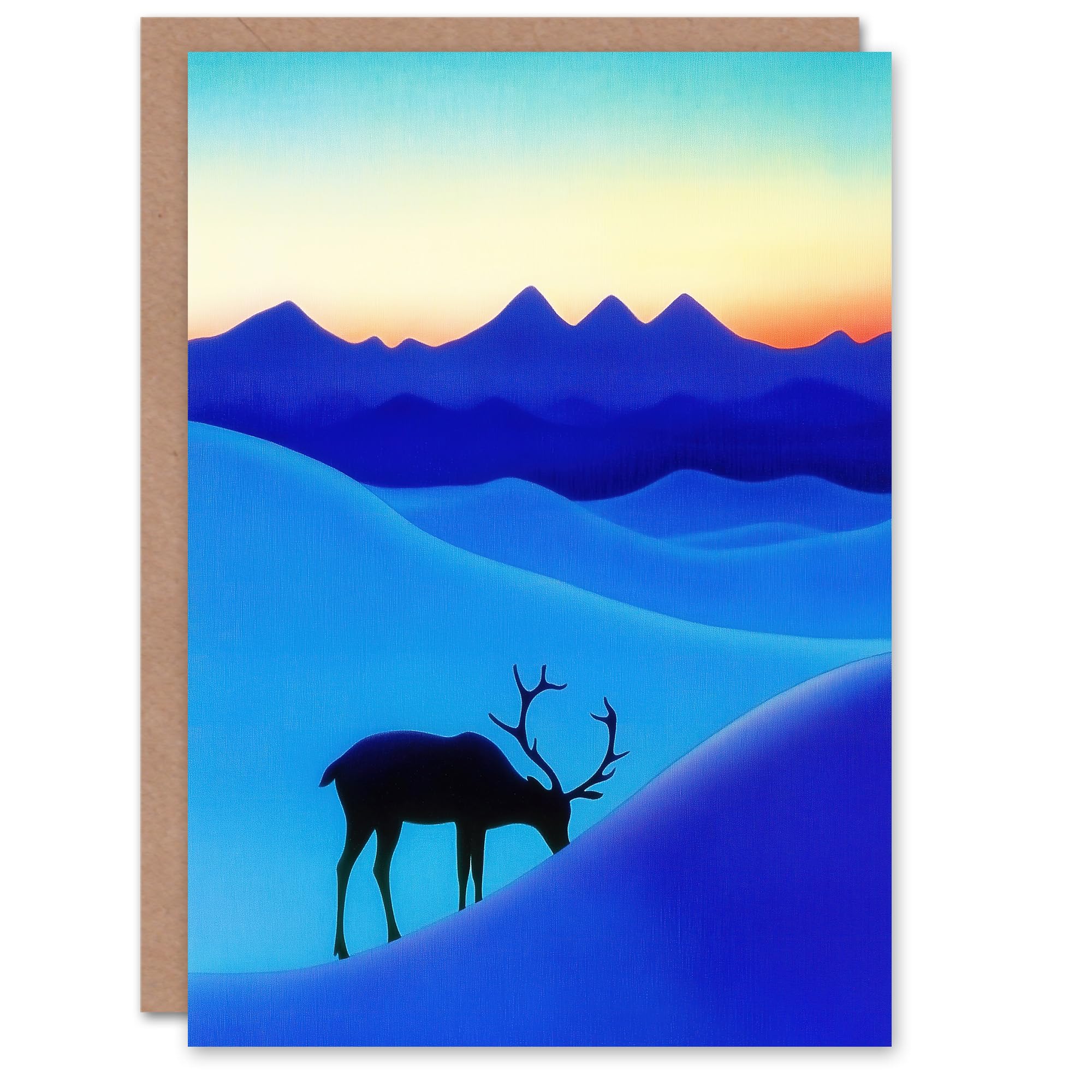 Artery8 Greeting Card Reindeer Arctic Landscape Snow Dawn Watercolour Blank For Him Or Her Art Christmas Card