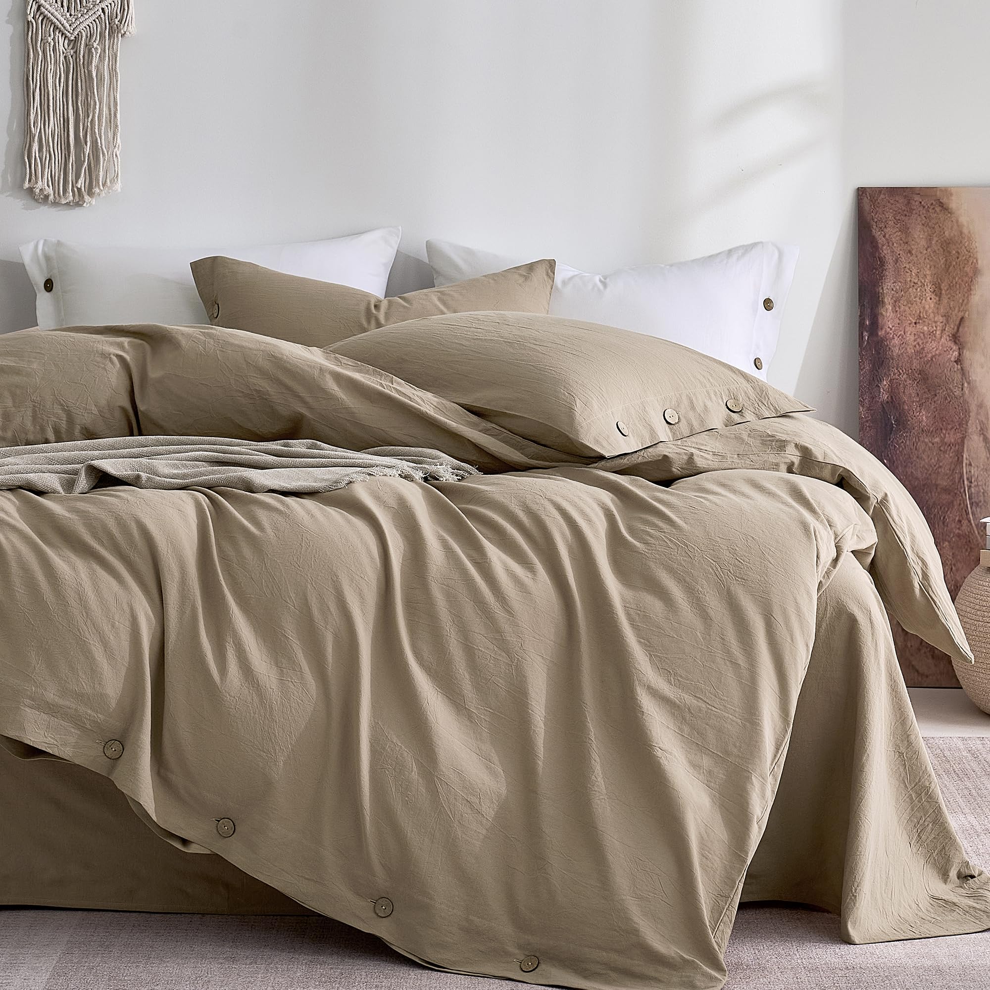 JELLYMONI 100% Washed Cotton Fall Dusty Khaki Duvet Cover Full, Linen-Like