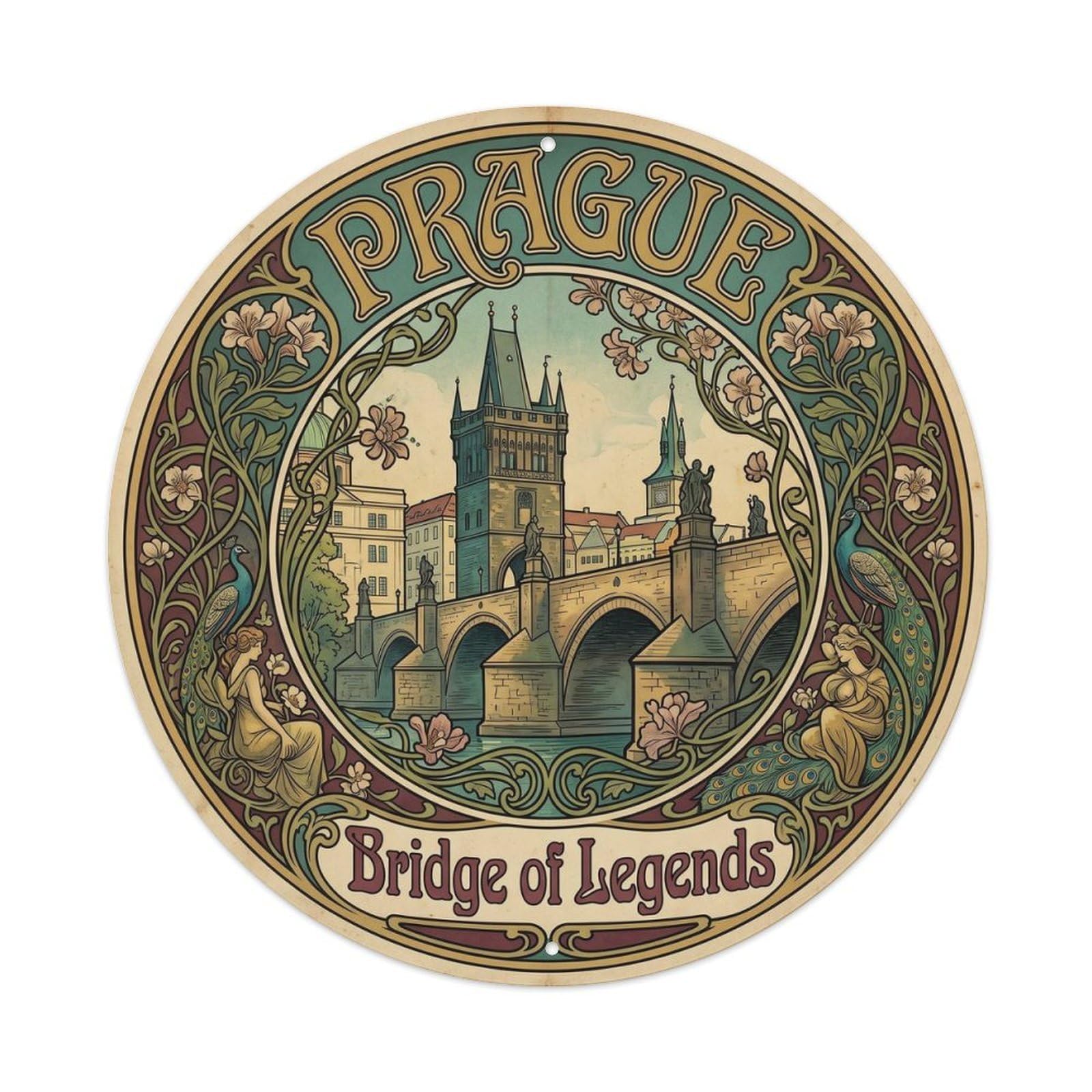 Prague Bridge Bohemia Historic Travel Castle Heritage Metal Tin Sign Plaque Wall Decor for Cafe, Man Cave, Club Bar, Office, Home Garden Round Metal Poster 8x8Inch