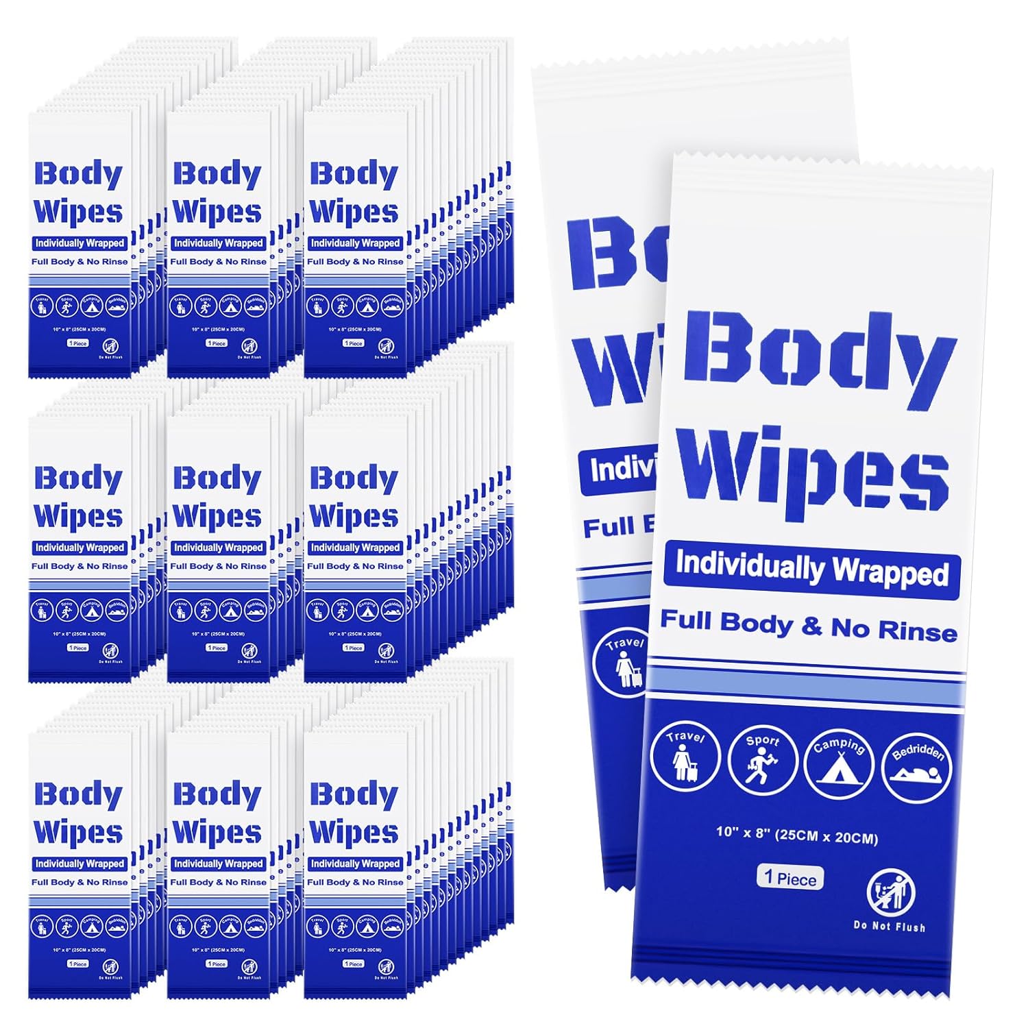 100Pcs Disposable Body Wipes, 7.8 x 9.8 inch Individually Wrapped Bath Wipe for Women Men in Bulk, No Rinse-Free Large Body Bath Shower Wipes for Home Travel Hotel Outdoors Camping After Gym (Blue)