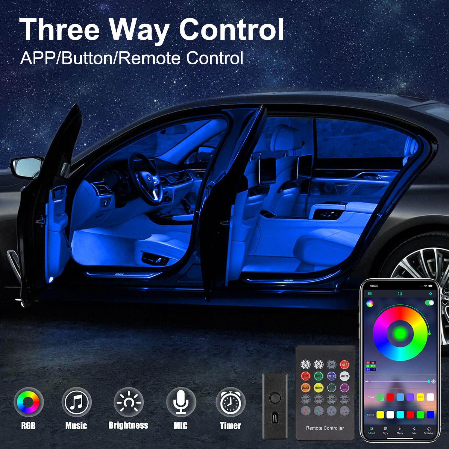 Interior Car LED Strip Lights with Wireless APP & Remote Control, RGB 2 in 1 Car Ambient Lighting Kit with 158 Inches Fiber Optic, Inside Neon Dash Strip with Music Mode