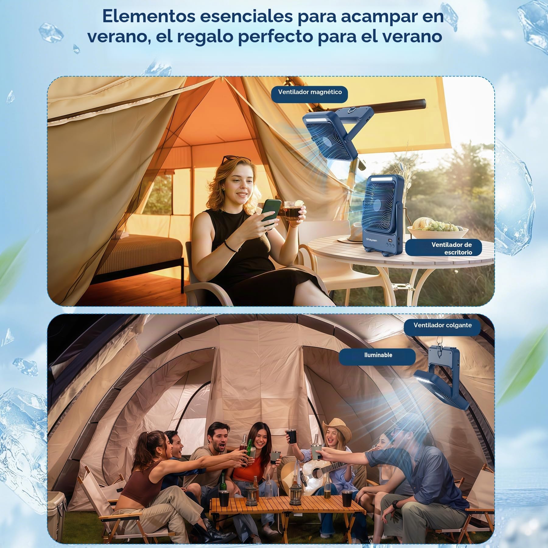 Ventilador Portatil 20000mAh Camping Ventilador USB con Luz LED,4 Velocidades,12-43 Horas de Funcionamiento,Pantalla Inteligente,Bajo Ruido, para Oficina/Hogar/Viajar/Acampar (Azul)