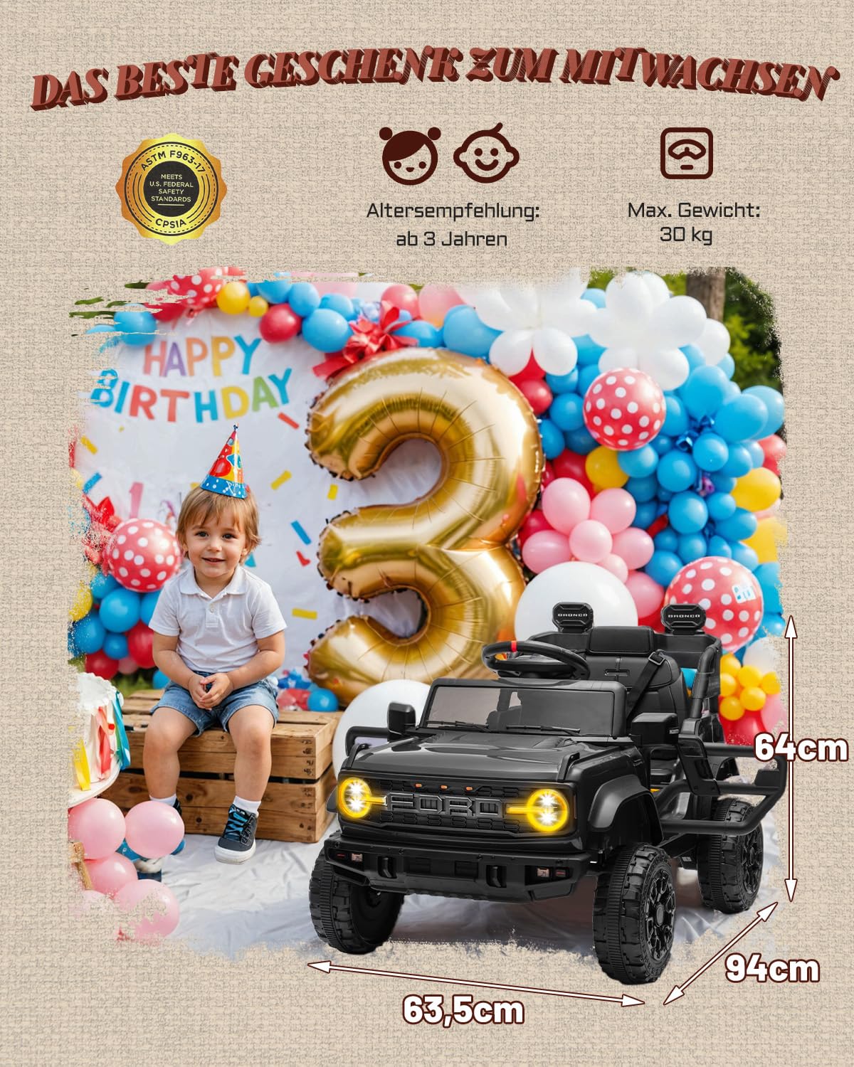 First Ride On Lizenziertes Ford Bronco Raptor 12 V Kinder Elektroauto, Elektrofahrzeug für Kinder mit Doppeltüren und 3-Punkt-Sicherheitsgurt, batteriebetriebenes Kinderauto ab 3 Jahren (Schwarz)