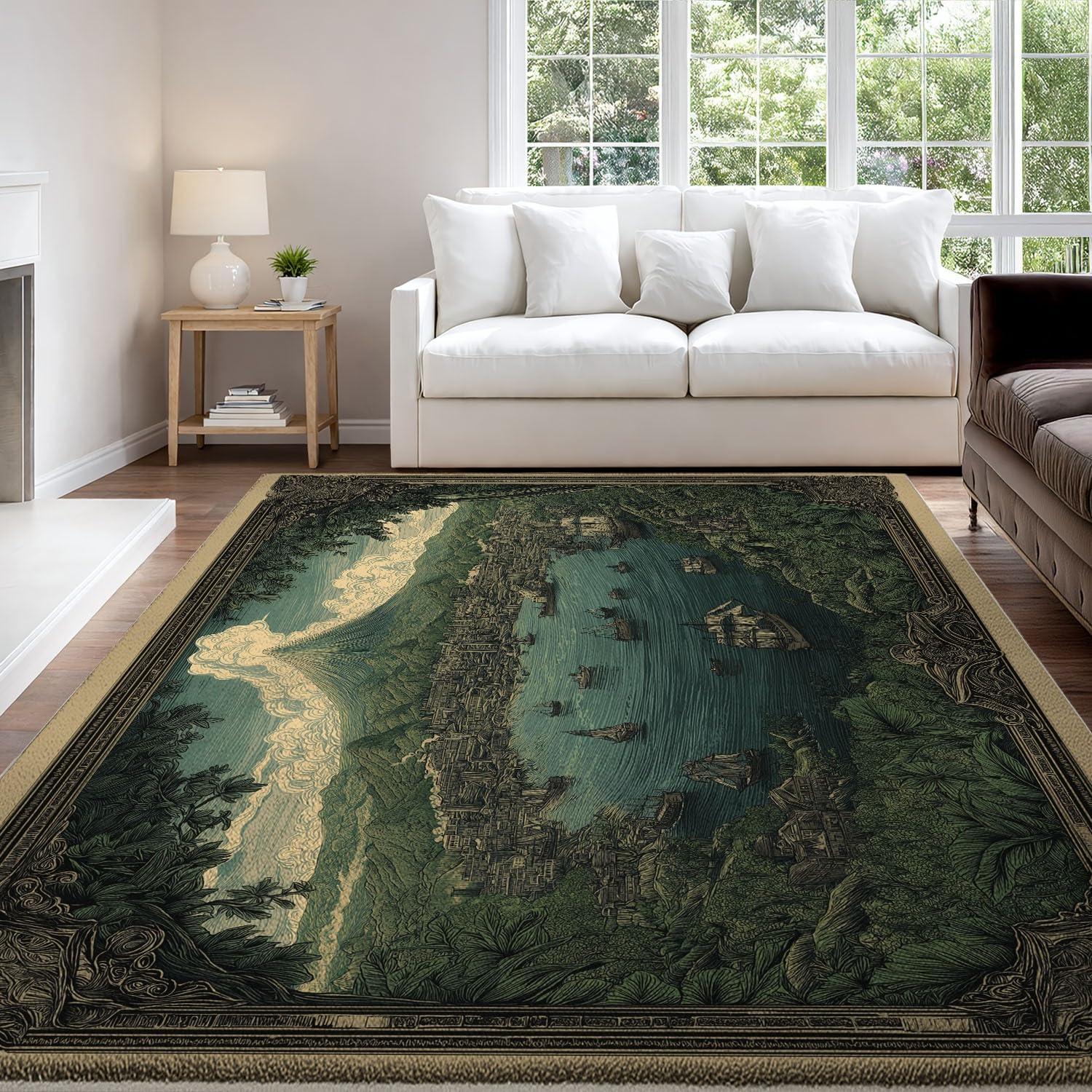 Genérico Alfombras Estampadas 120 x 180 cm, Océano Vintage Alfombra Antideslizantes Puerto Barco montaña Clásico nostálgico, Alfombras Lavables Despacho salón, Verde Oscuro
