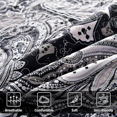 Miniatura 5 de DJY Juego de edredón de cachemira negro, tamaño King, juego de colcha bohemia de 3 piezas, suave y ligera, con estampado floral de cachemira negro y