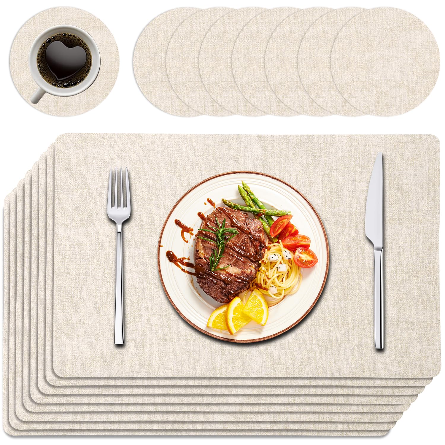 Purejoy placemats table mats and coasters table place mats heat resistant table mats - PU Leather Set of 16 (8 Placemats + 8 Coasters), Stain-Proof Wipe Clean Non-Slip 43×30cm for Dining Table, Beige — image 1