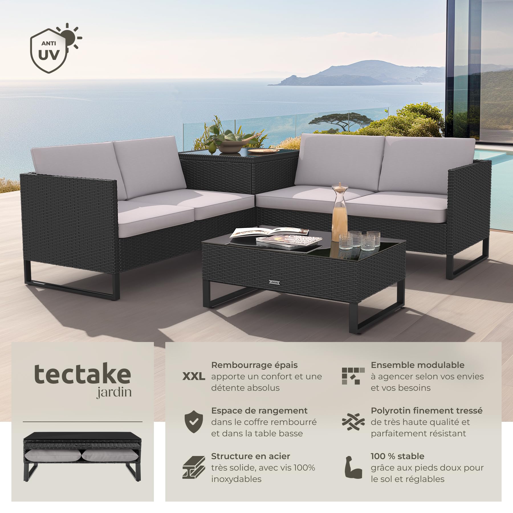 Tectake Ensemble Salon de Jardin Exterieur Modulable en Rotin, Canape 4 Places, Table Basse Verre, Coffre Rangement, Coussins Inclus