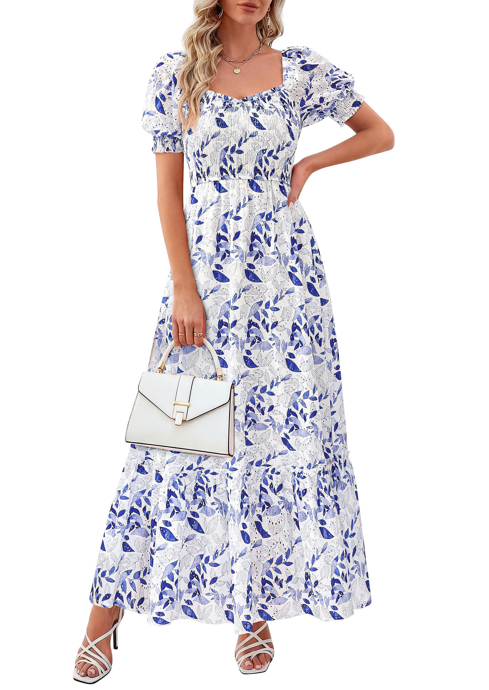 Women's Floral Boho Maxi Dresses Flowy Short Sleeve A Line Smocked Eyelet 2026 Summer Beach Vacation Clothes